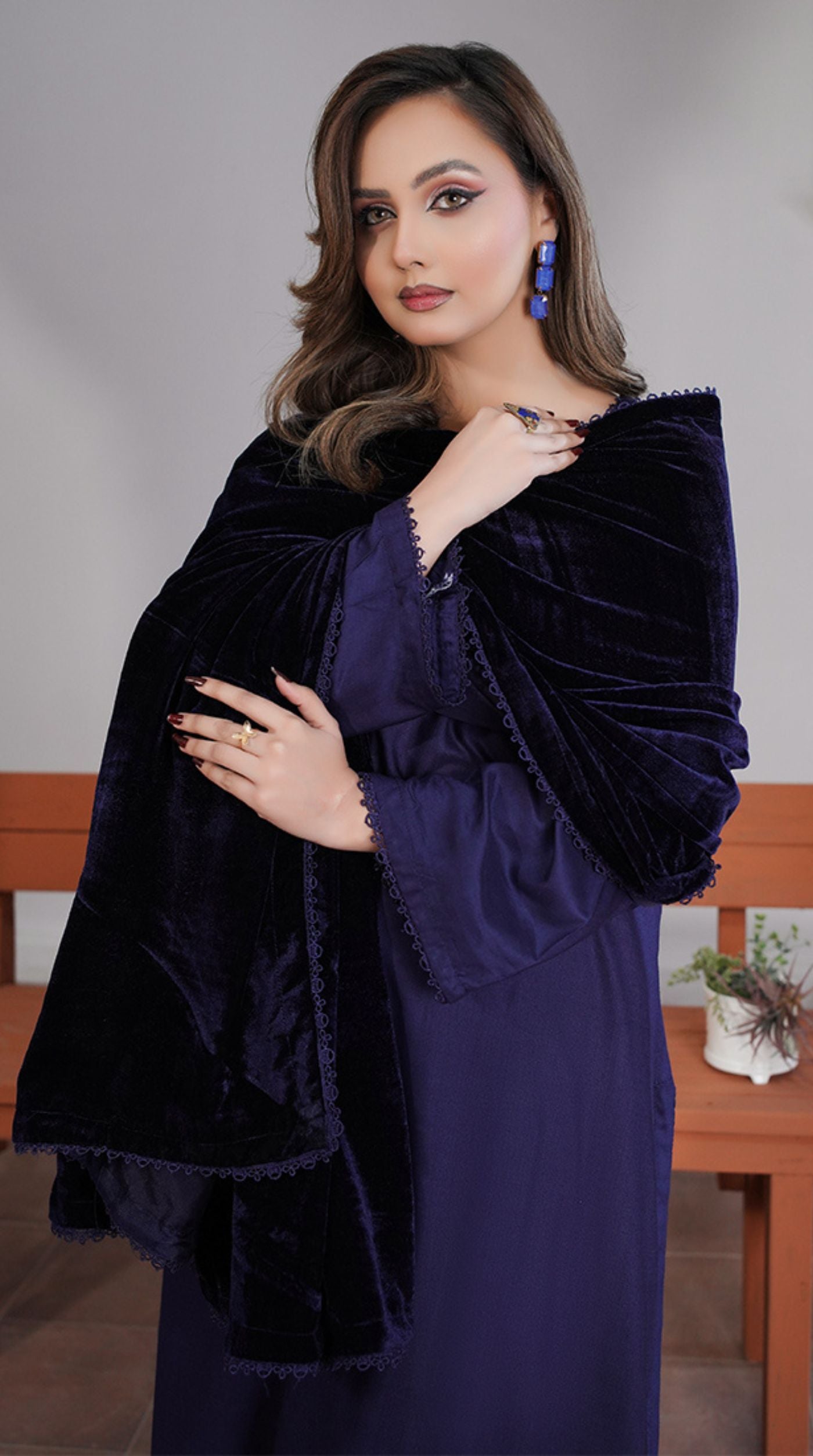 Navy Blue Linen Velvet Dupatta Suit Set