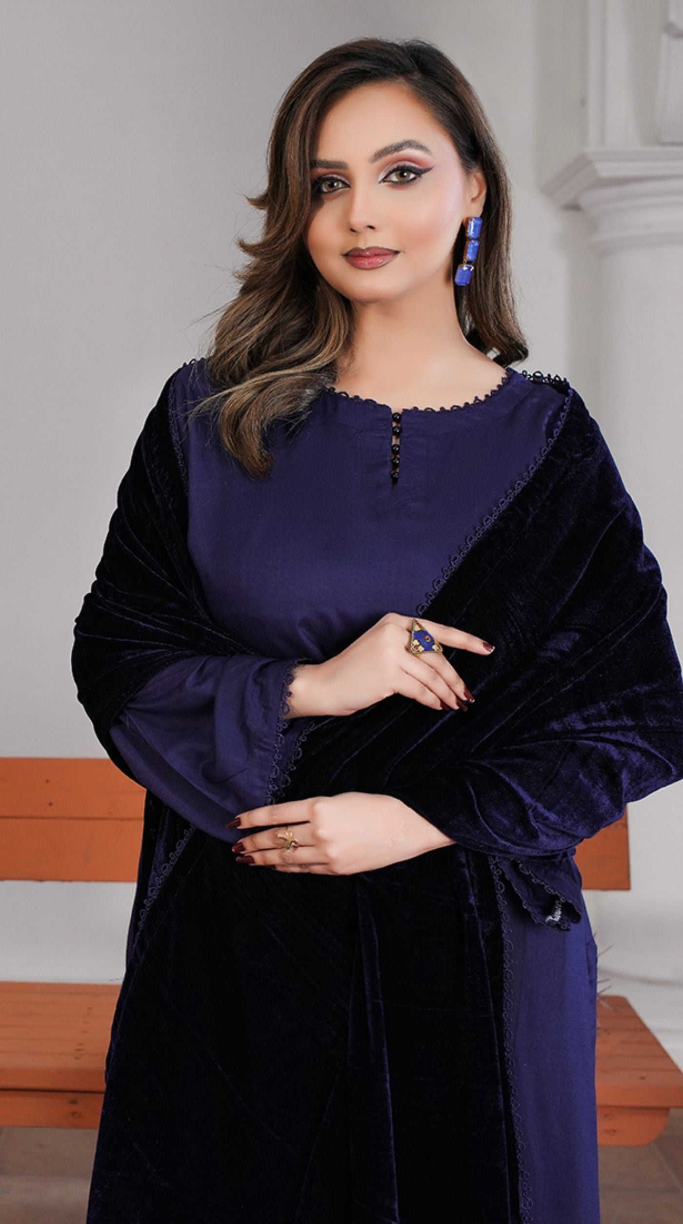 Navy Blue Linen Velvet Dupatta Suit Set