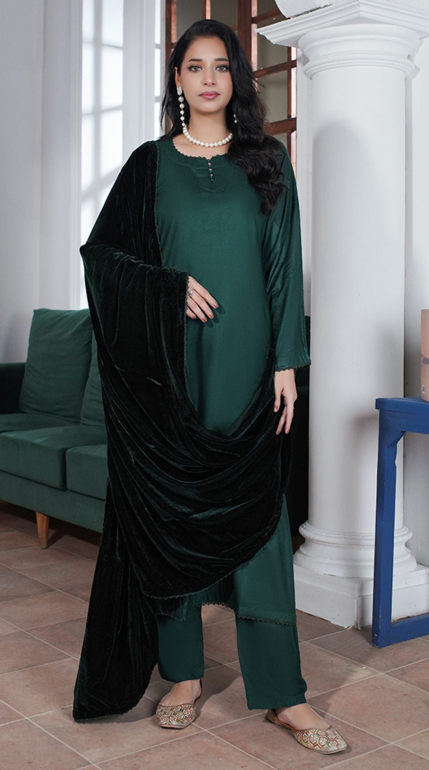 Dark Green Linen Velvet Dupatta Suit Set