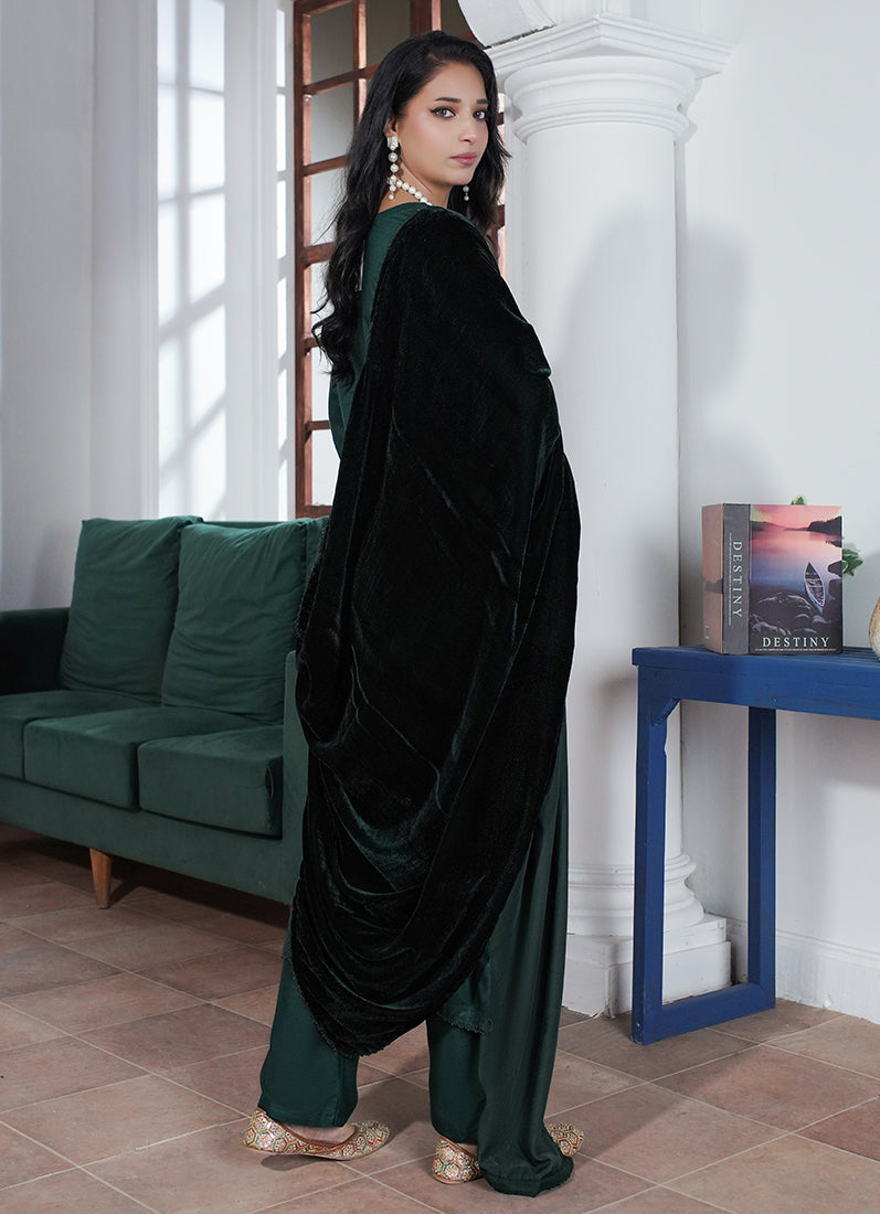 Dark Green Linen Velvet Dupatta Suit Set