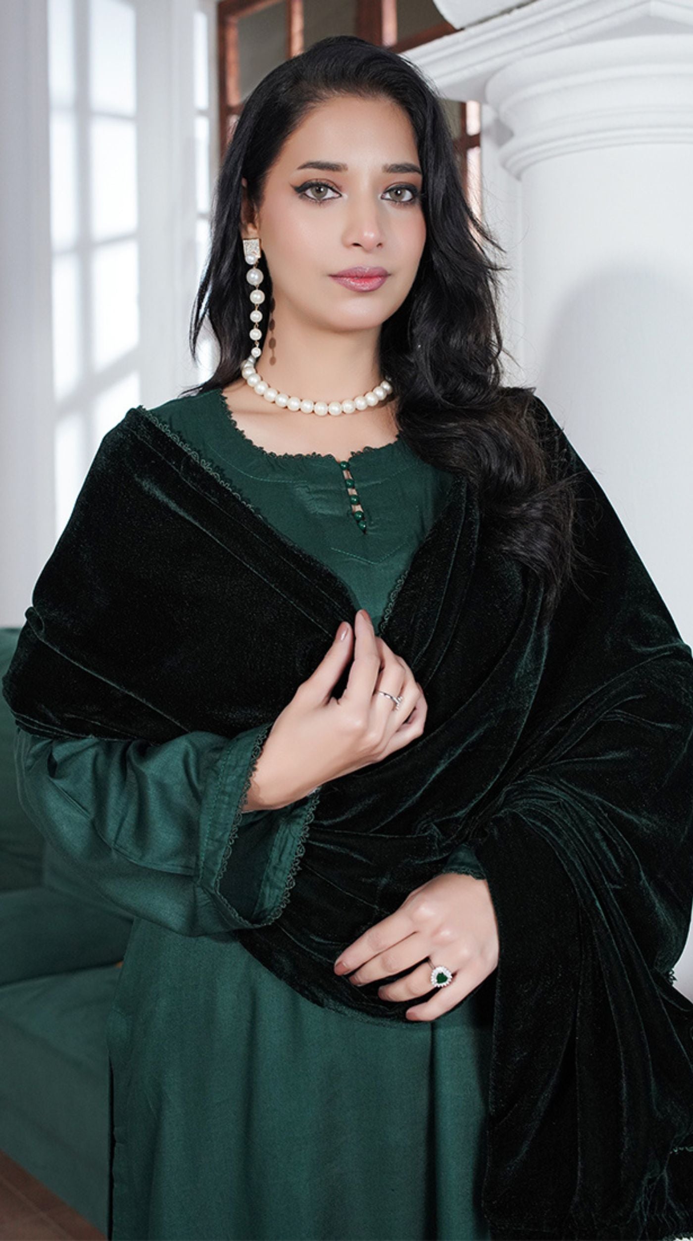 Dark Green Linen Velvet Dupatta Suit Set