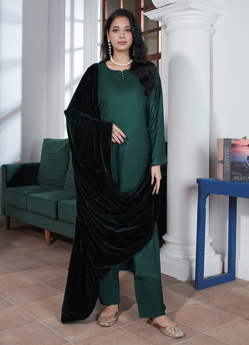 Dark Green Linen Velvet Dupatta Suit Set