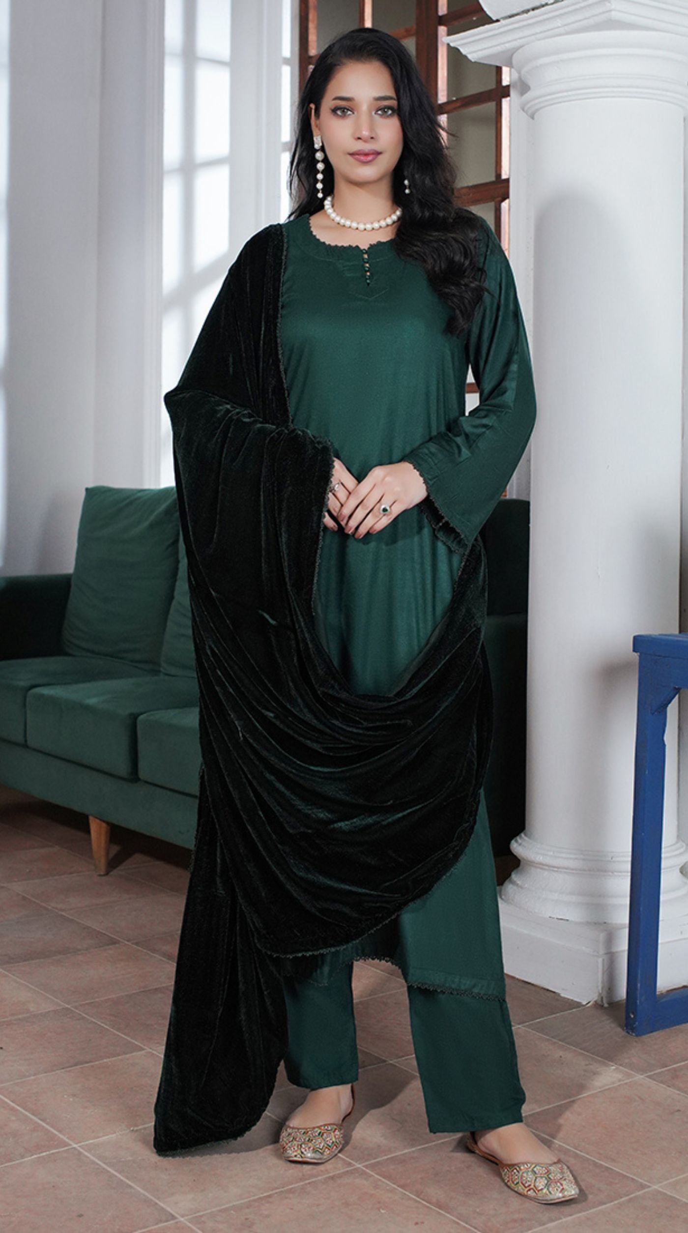 Dark Green Linen Velvet Dupatta Suit Set