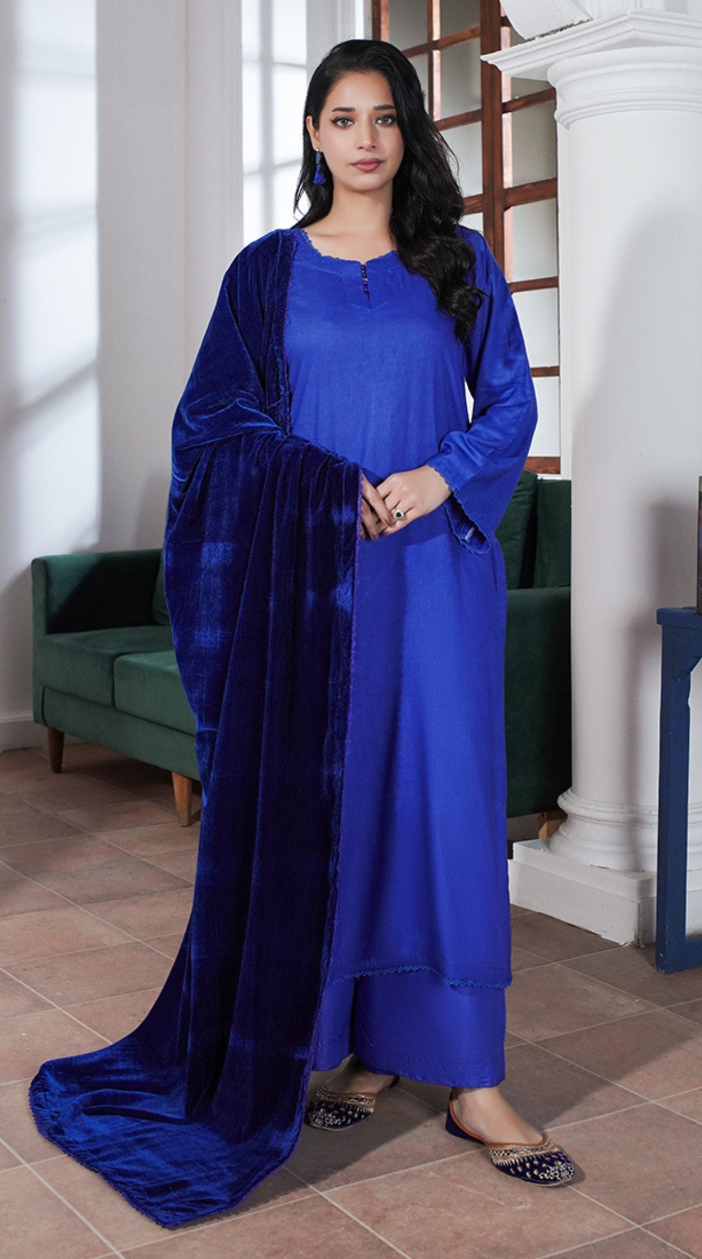 Blue Linen Velvet Dupatta Suit Set