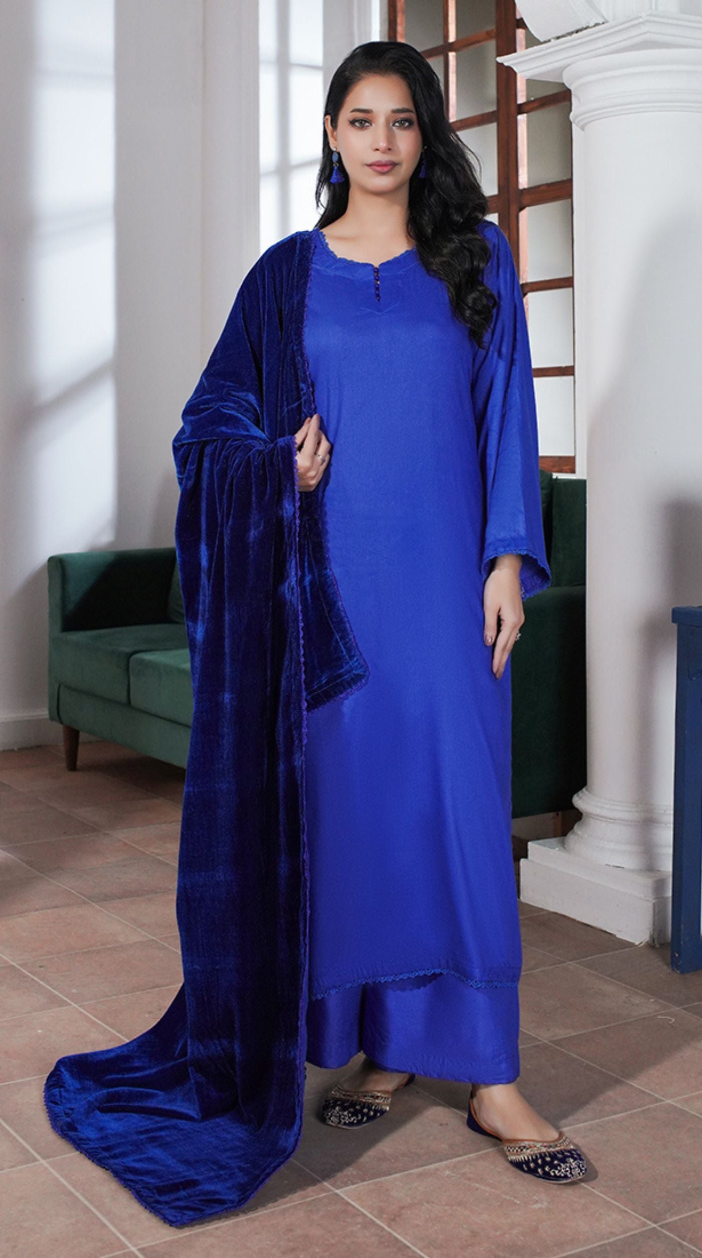 Blue Linen Velvet Dupatta Suit Set