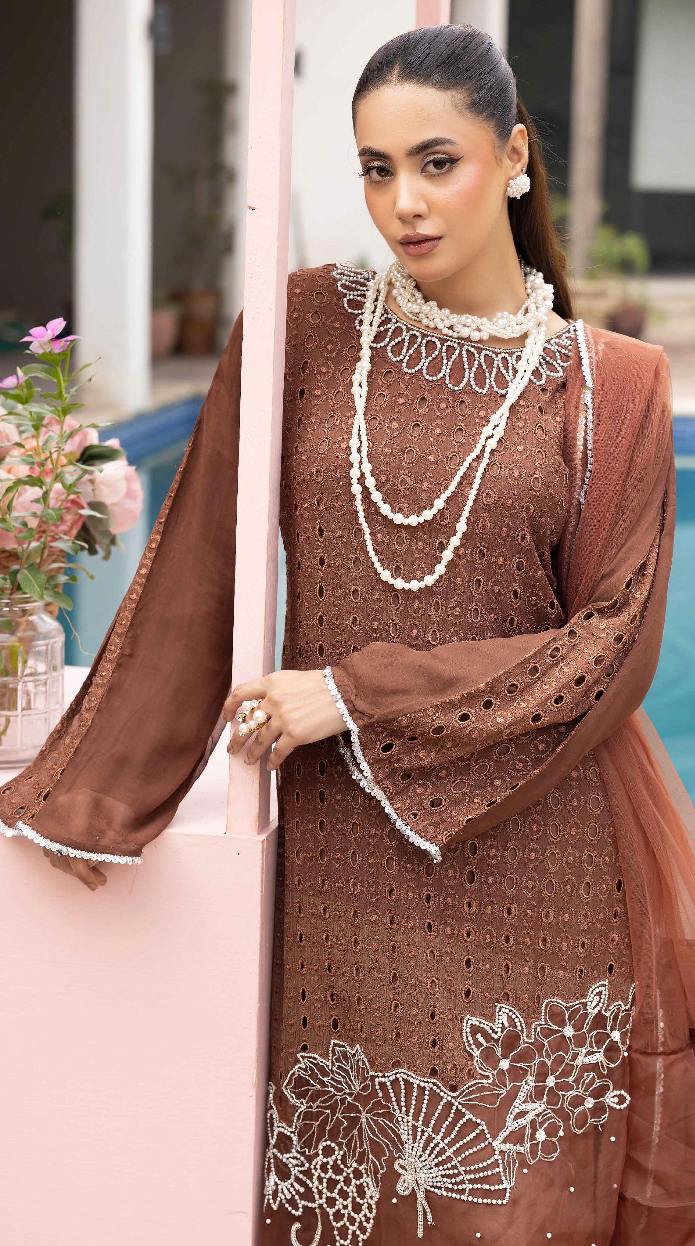 Chocolate Brown Noor Chikankari Chiffon Suit
