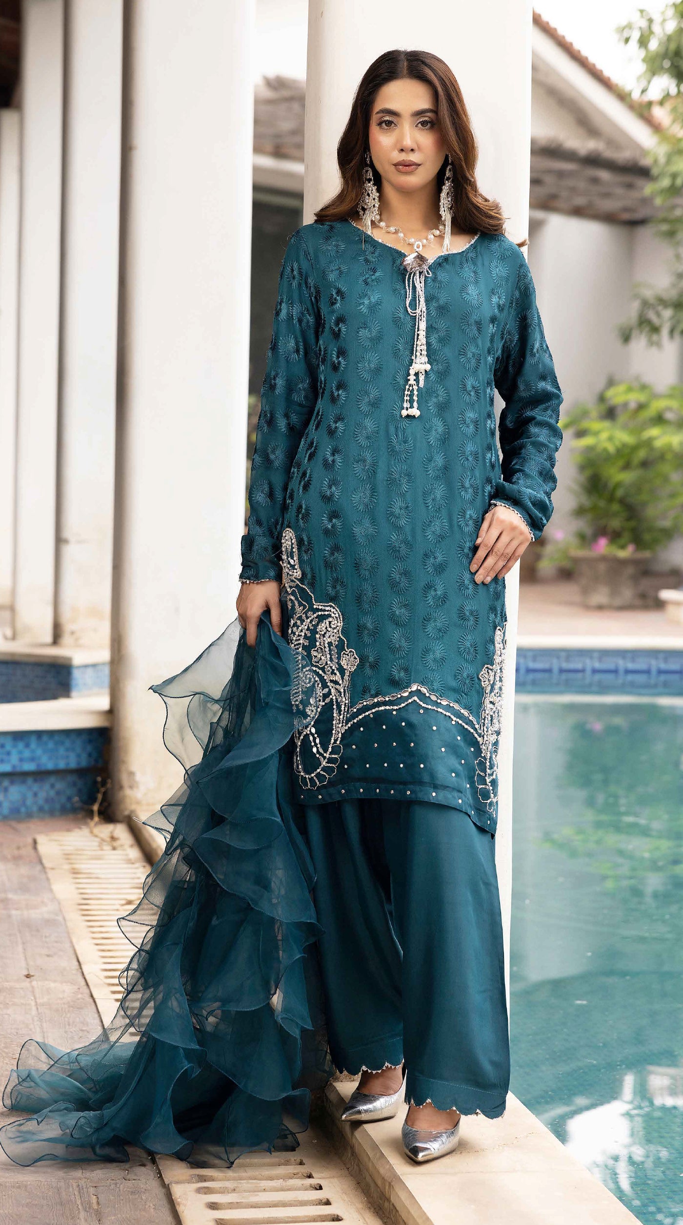 Teal Mehr Chikankari Chiffon Farshi Salwar Set
