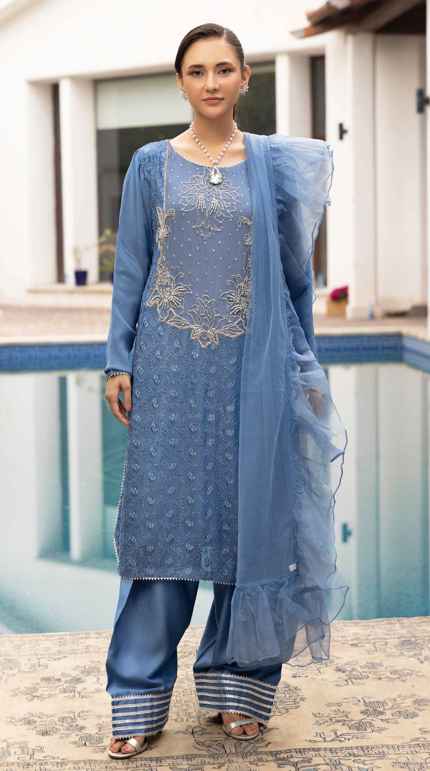 Blue Elara Chikankari Chiffon Farshi Salwar Set