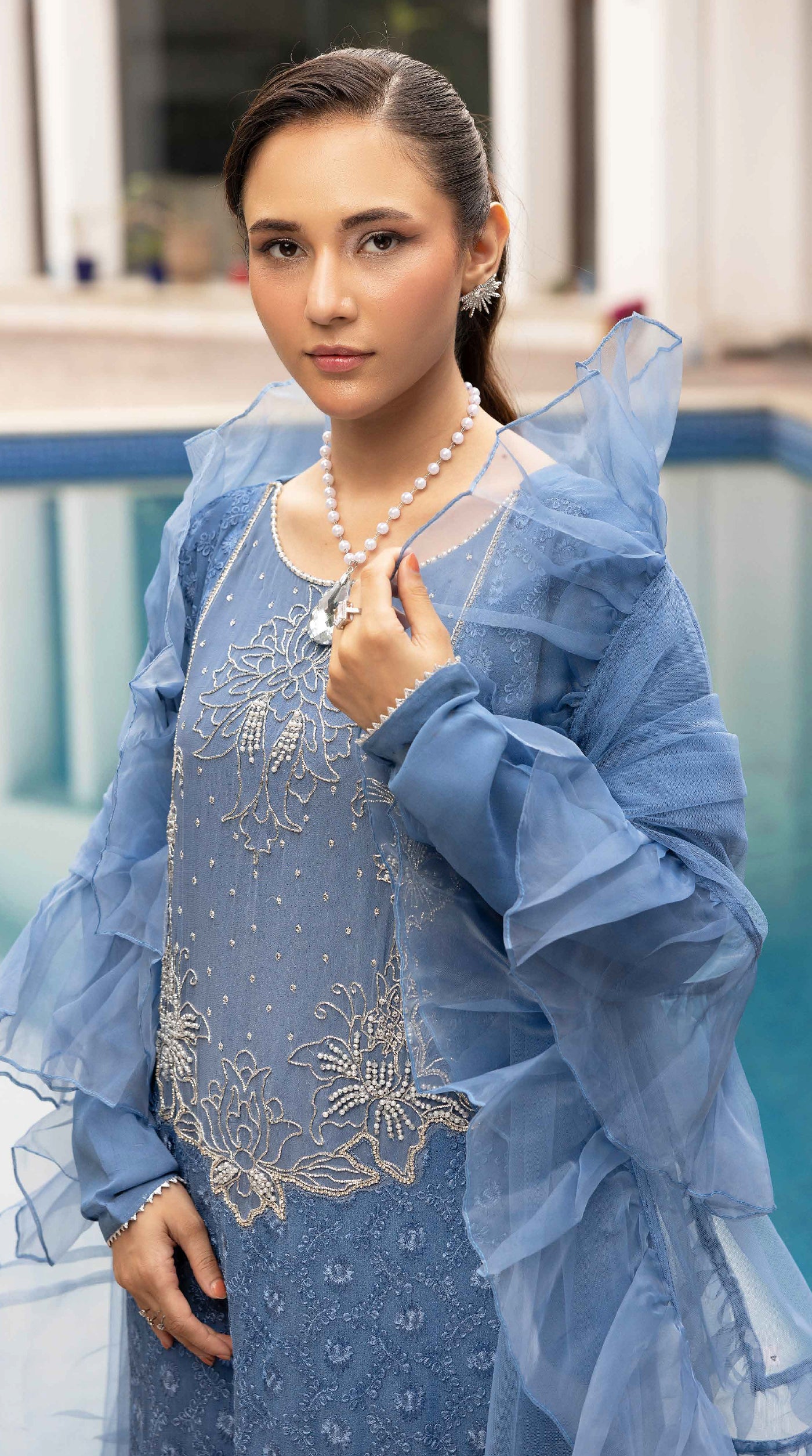 Blue Elara Chikankari Chiffon Farshi Salwar Set