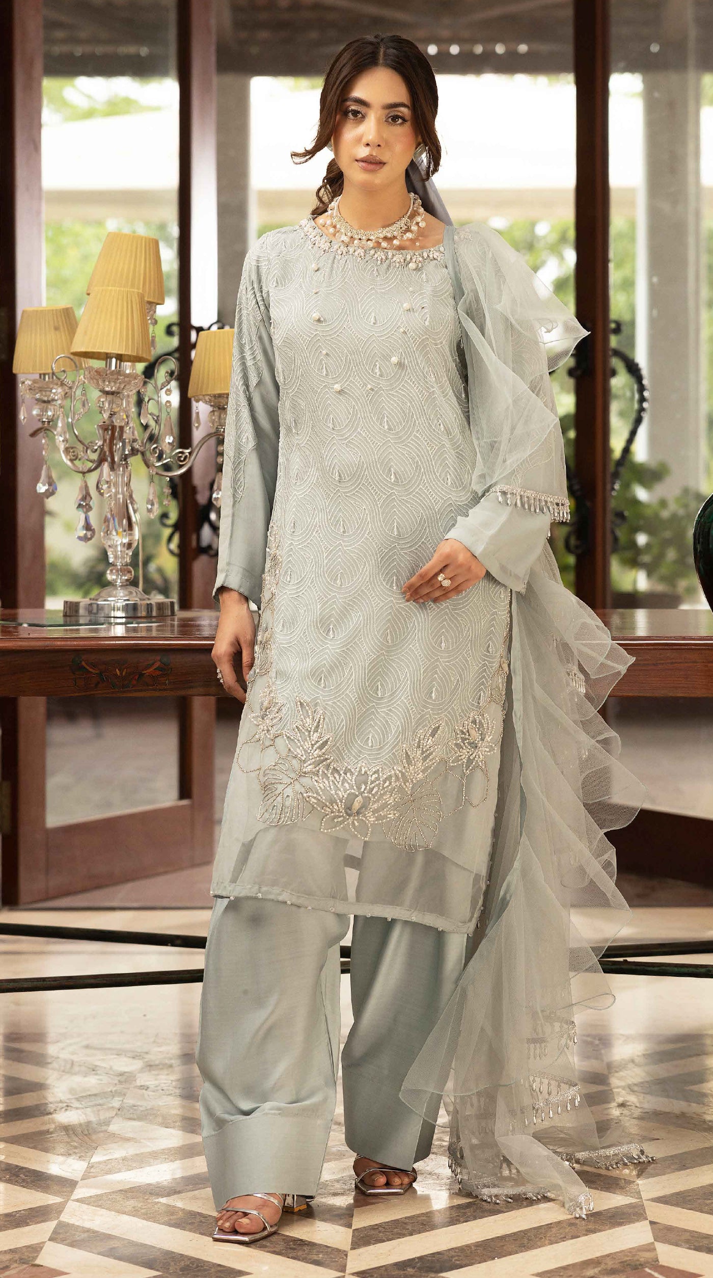 Sage Aura Chikankari Chiffon Farshi Salwar Set