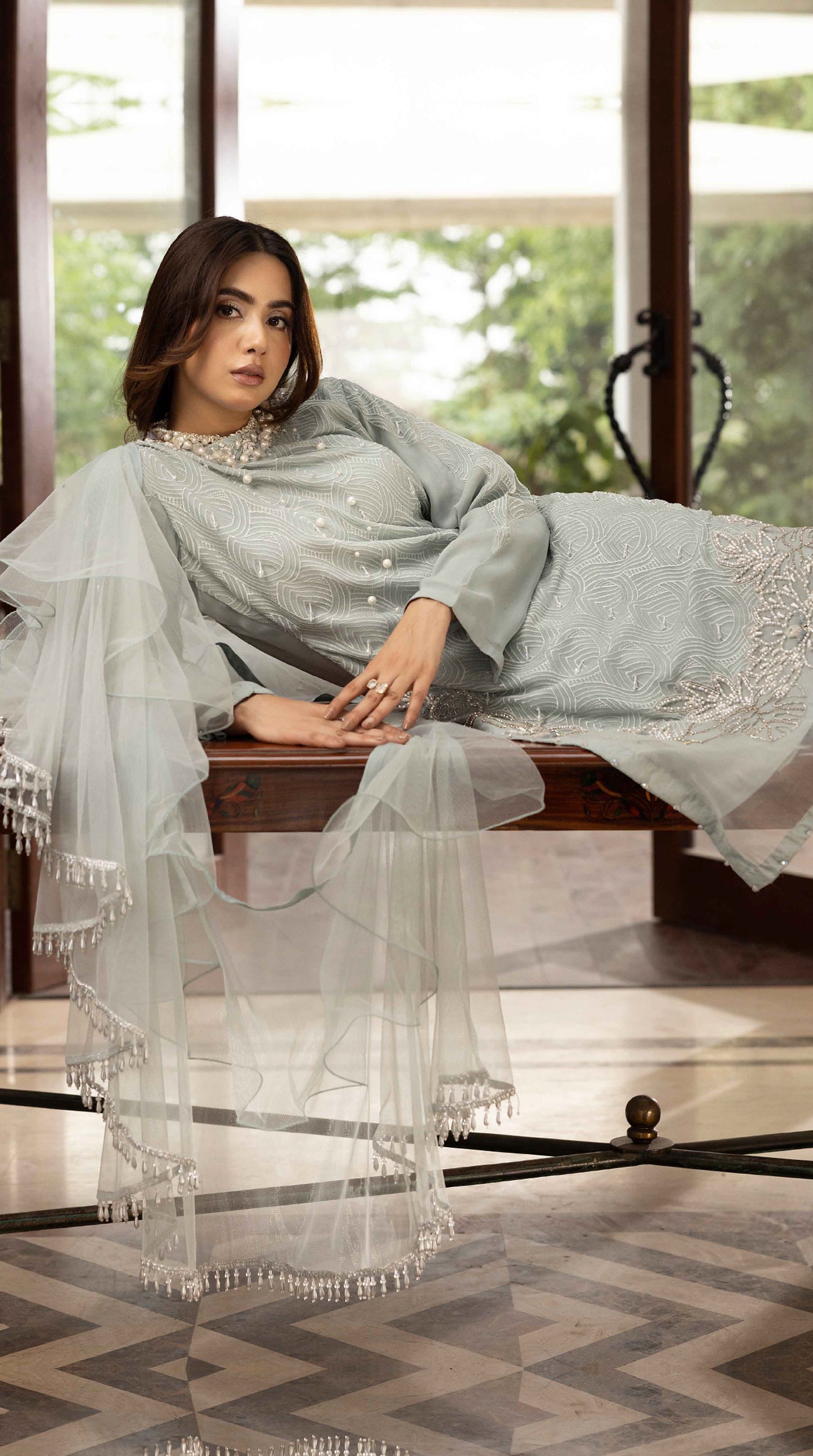 Sage Aura Chikankari Chiffon Farshi Salwar Set