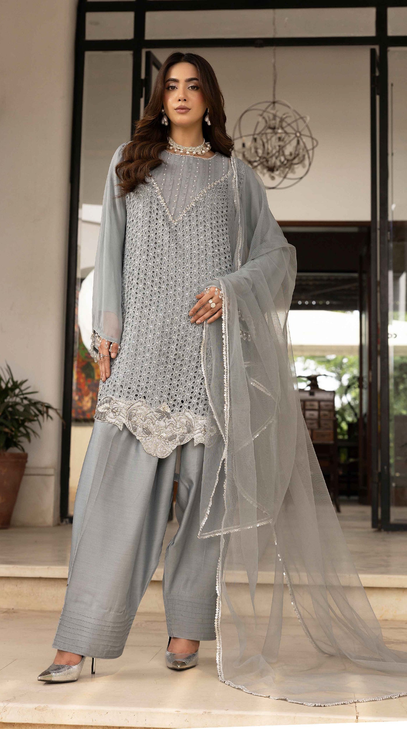 Silver Mist Chikankari Chiffon Farshi Salwar Set