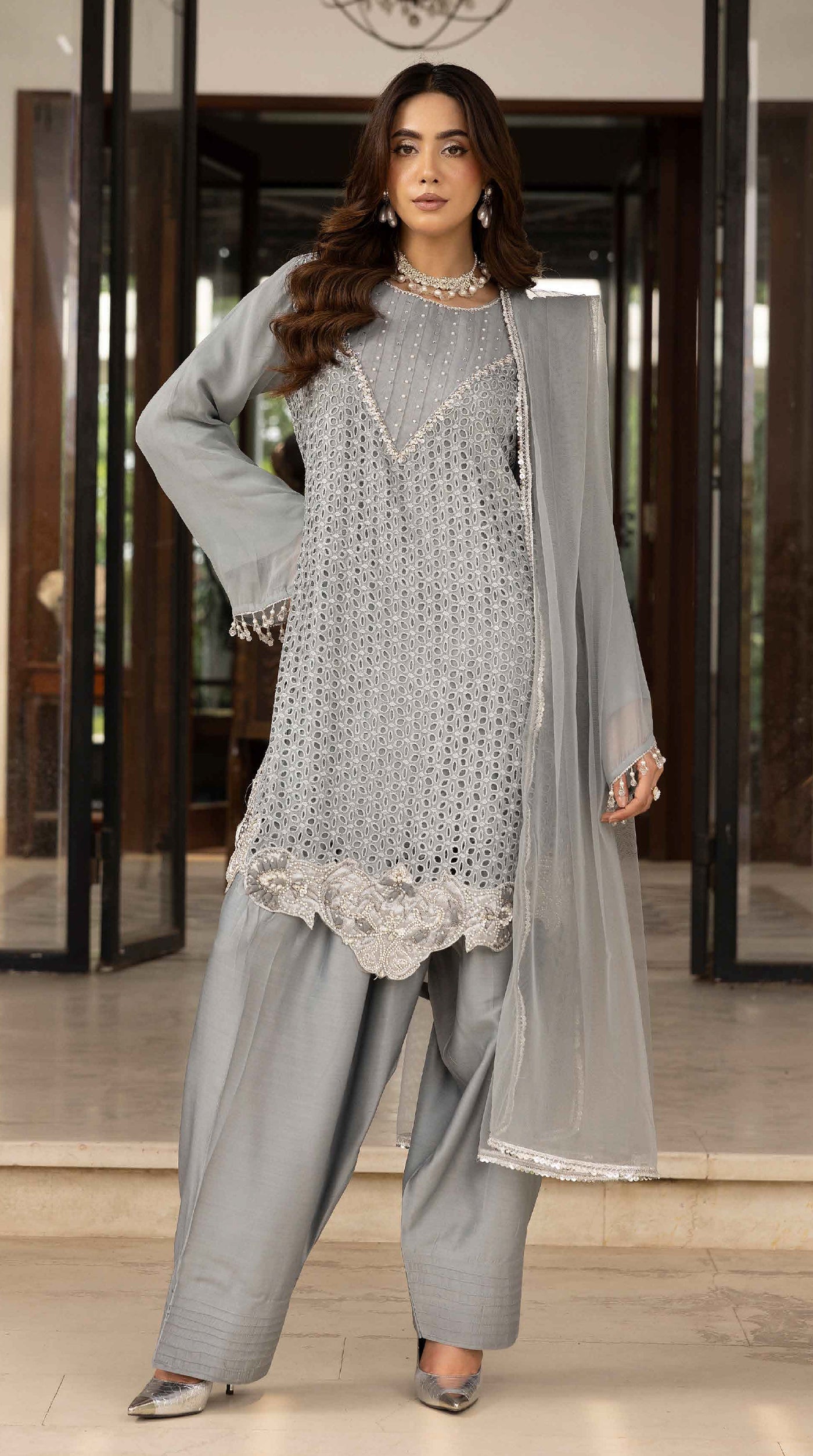 Silver Mist Chikankari Chiffon Farshi Salwar Set