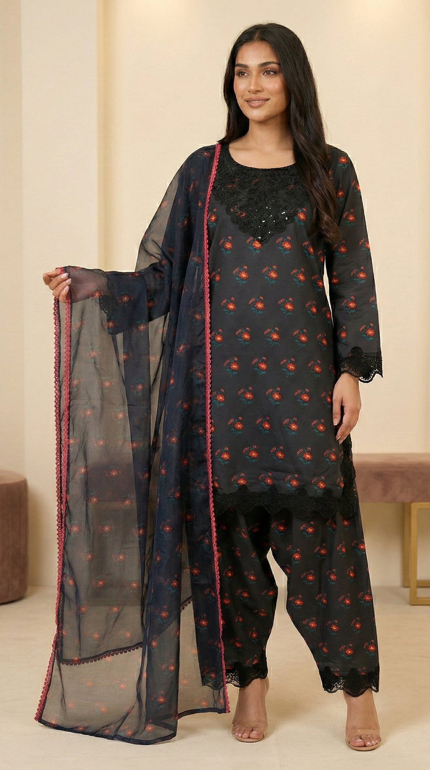 Black Farshi Salwar Suit with Embroidered Lace & Black Organza Dupatta