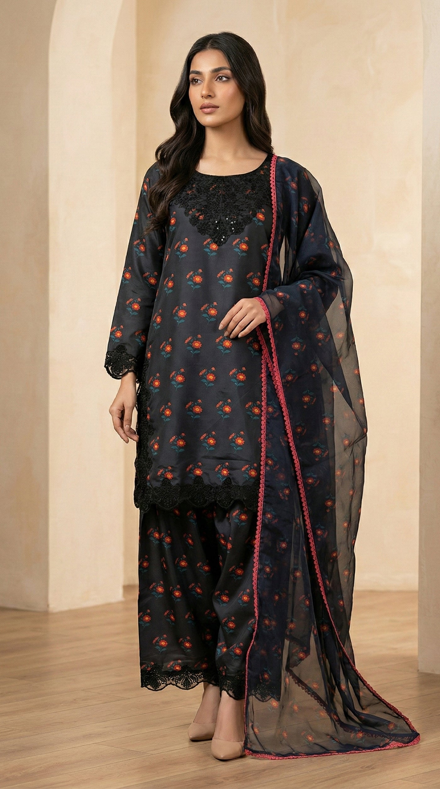 Black Farshi Salwar Suit with Embroidered Lace & Black Organza Dupatta