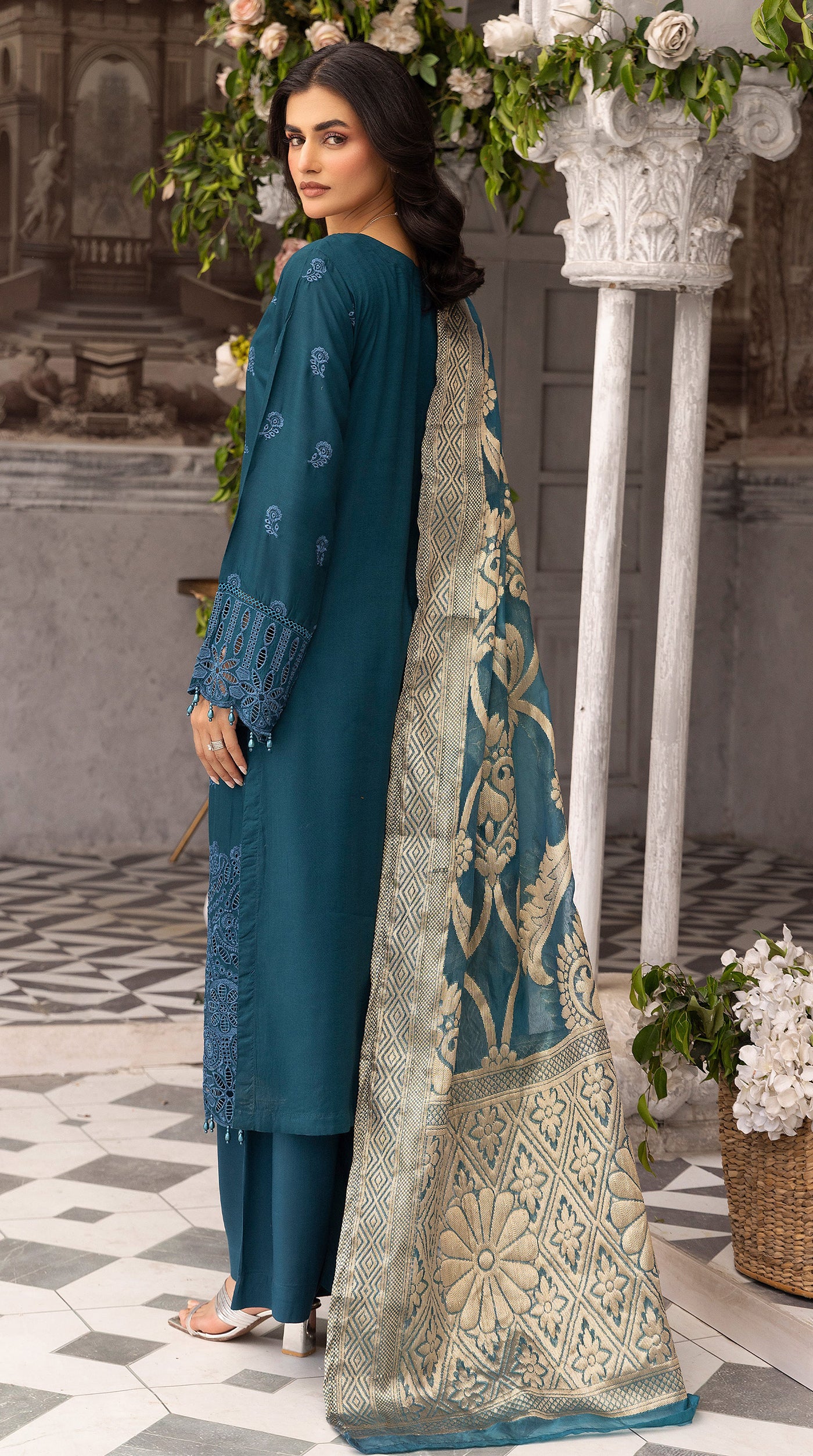 Women’s Teal Chikankari Suit with Jacquard Dupatta