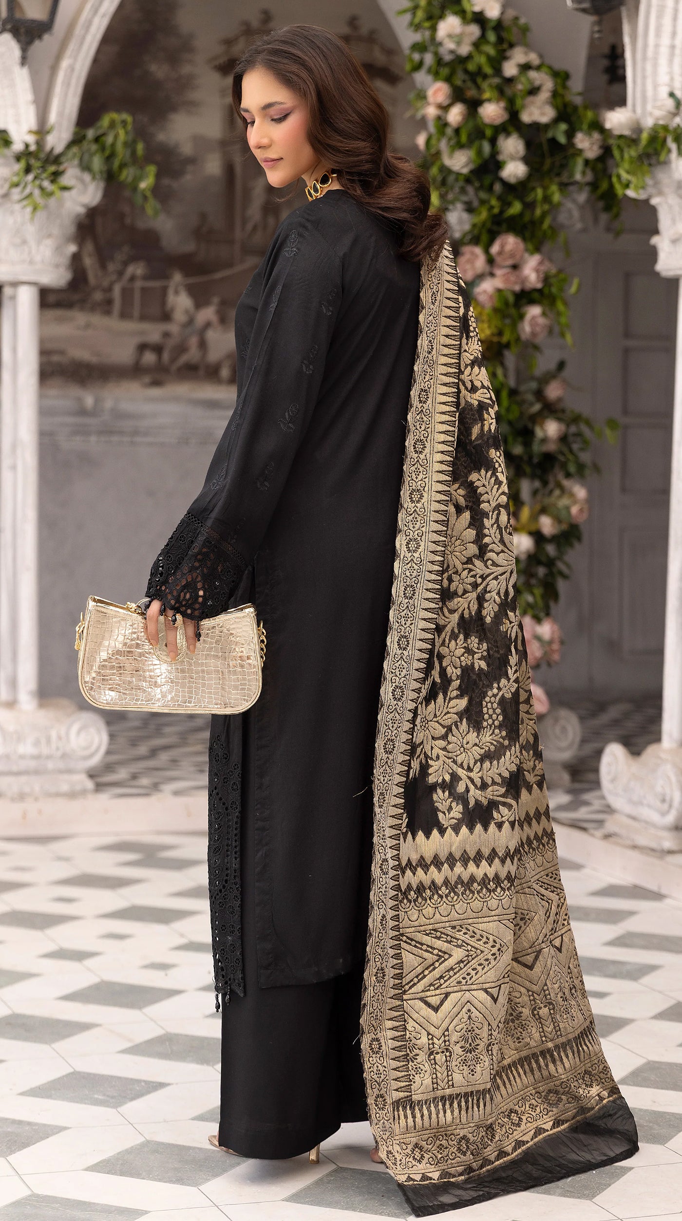 Women’s Black Chikankari Embroidered Suit with Handwork Neckline