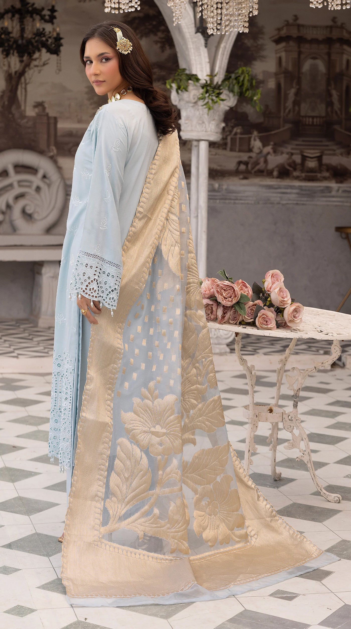 Women’s Light Blue Chikankari Embroidered Suit with Jacquard Dupatta