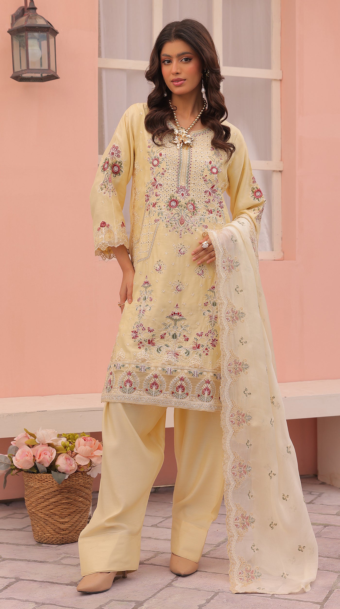 Lime Yellow Sequin Embroidered Eid Suit with Farshi Salwar