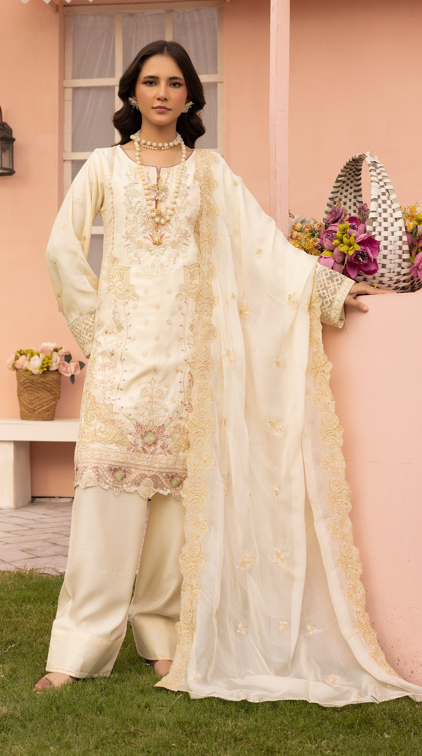 Ivory Sequin Embroidered Eid Suit with Farshi Salwar
