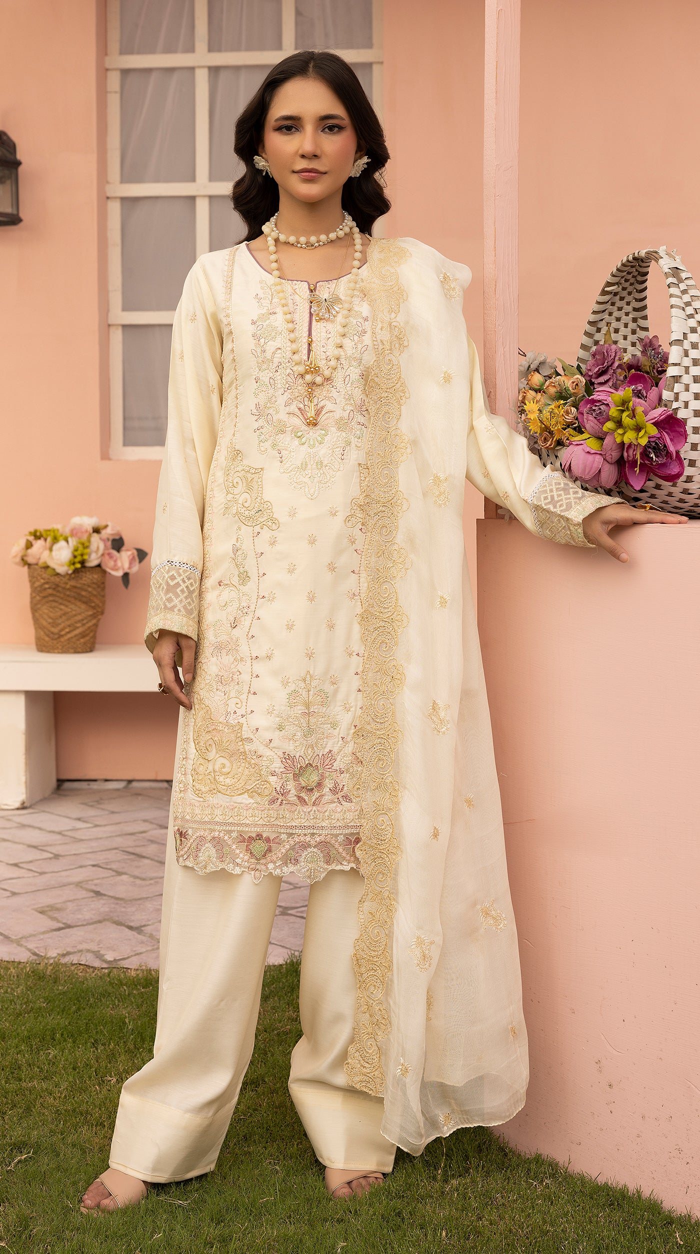 Ivory Sequin Embroidered Eid Suit with Farshi Salwar