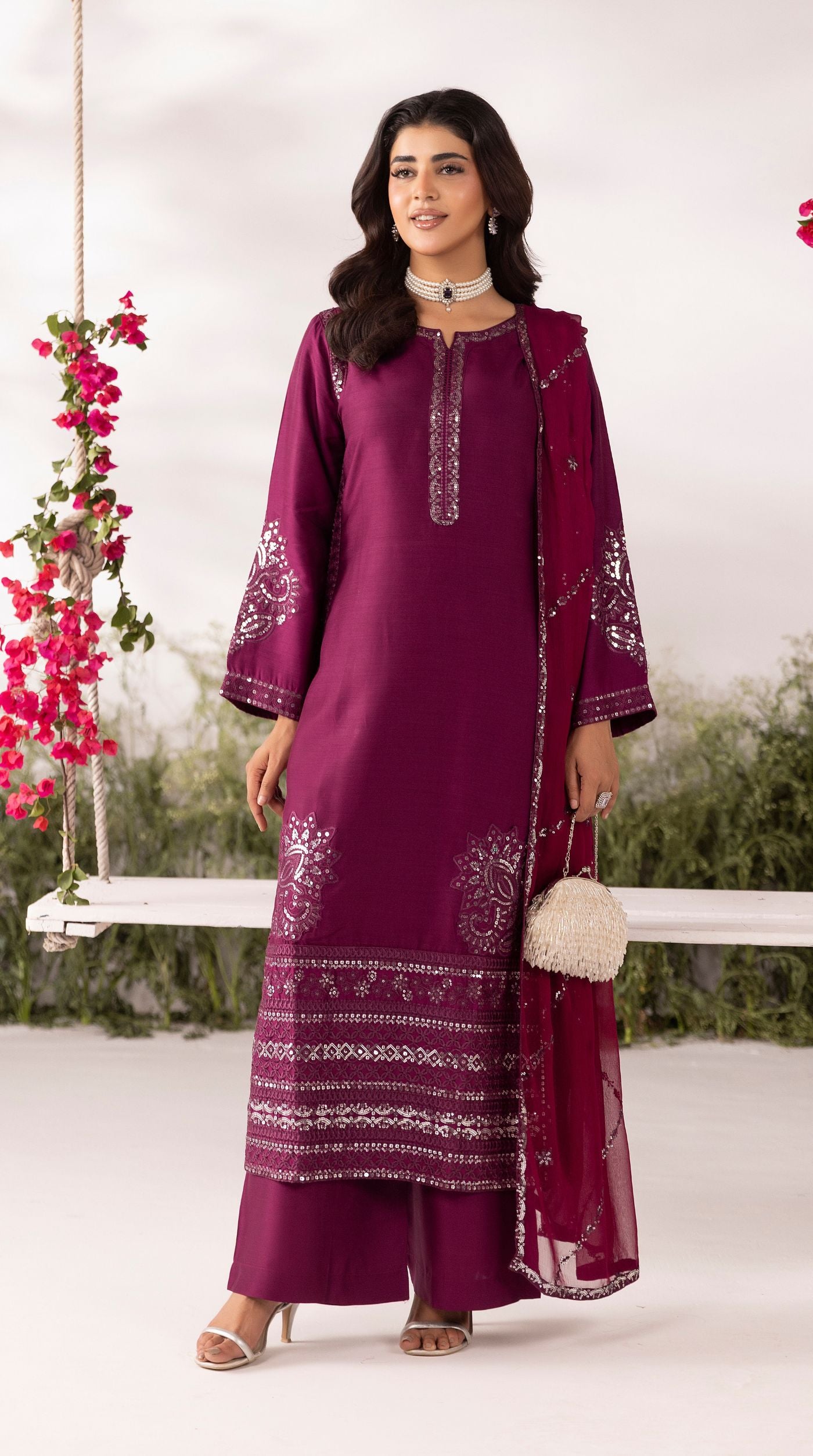 Wine Viscose Sequin Embroidered Kurta Palazzo Set