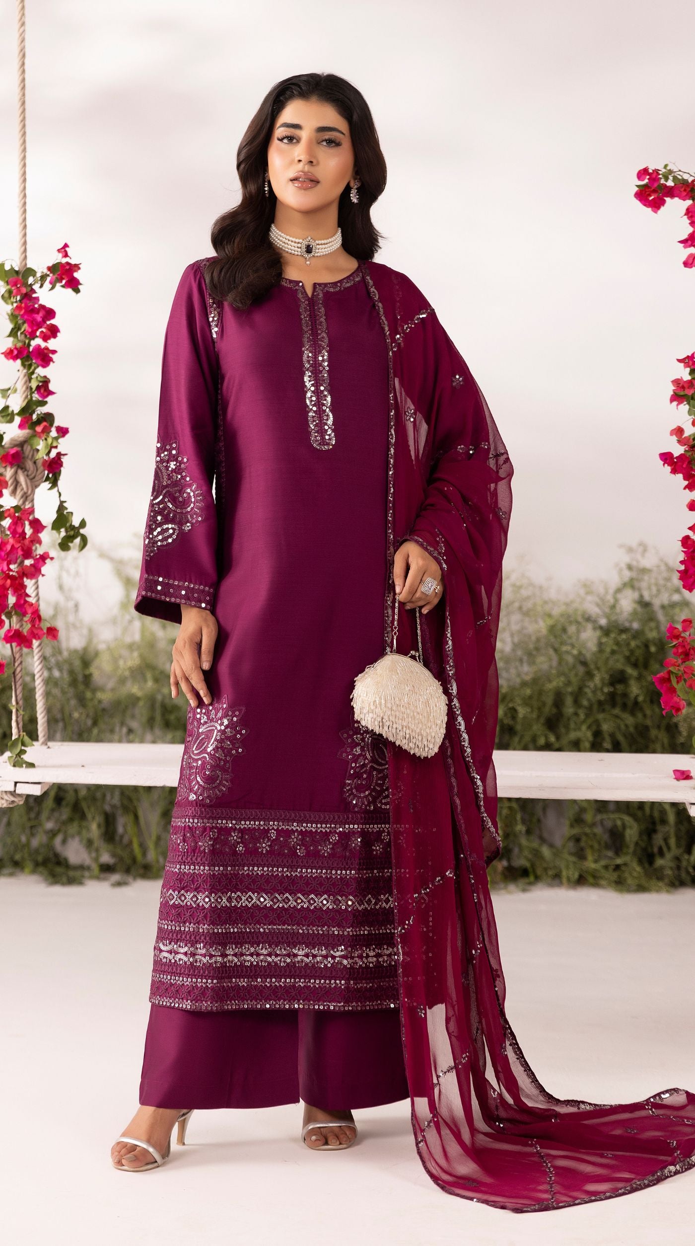 Wine Viscose Sequin Embroidered Kurta Palazzo Set