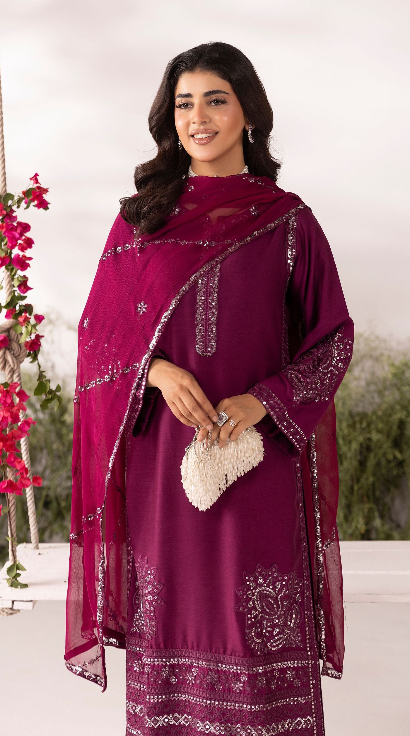 Wine Viscose Sequin Embroidered Kurta Palazzo Set