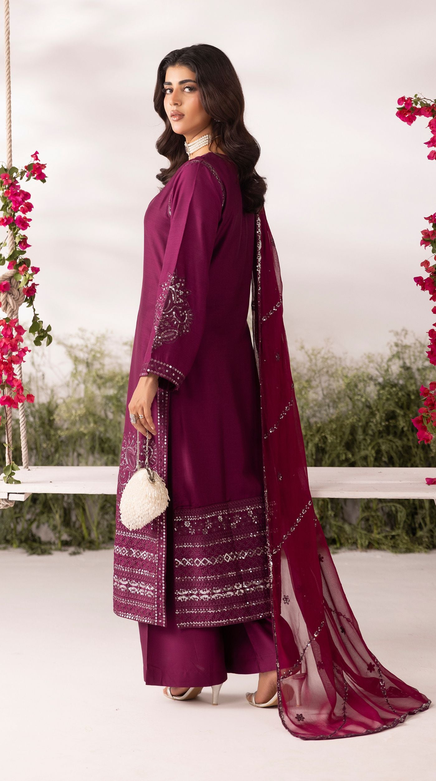 Wine Viscose Sequin Embroidered Kurta Palazzo Set