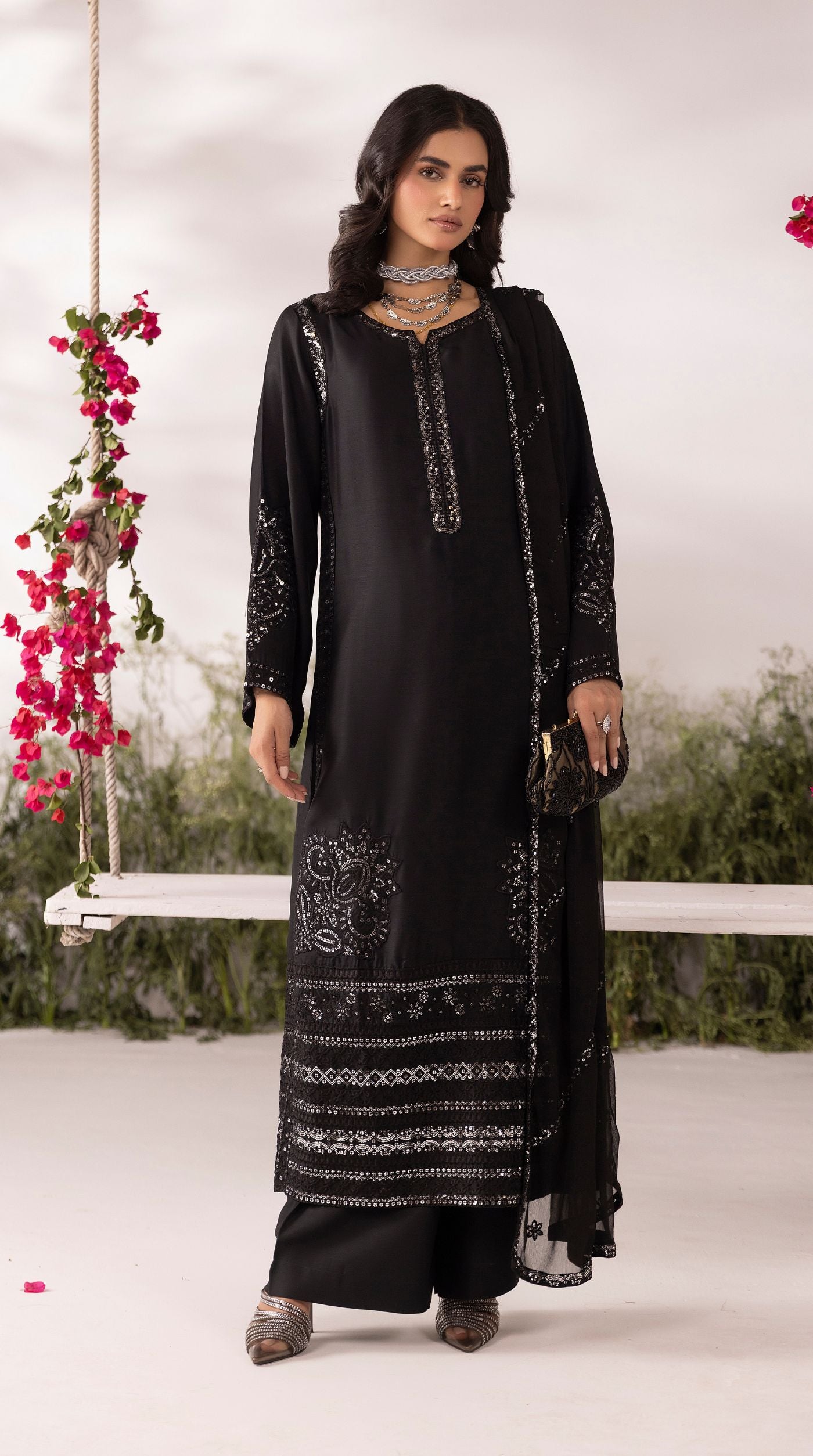 Black Viscose Sequin Embroidered Kurta Palazzo Set