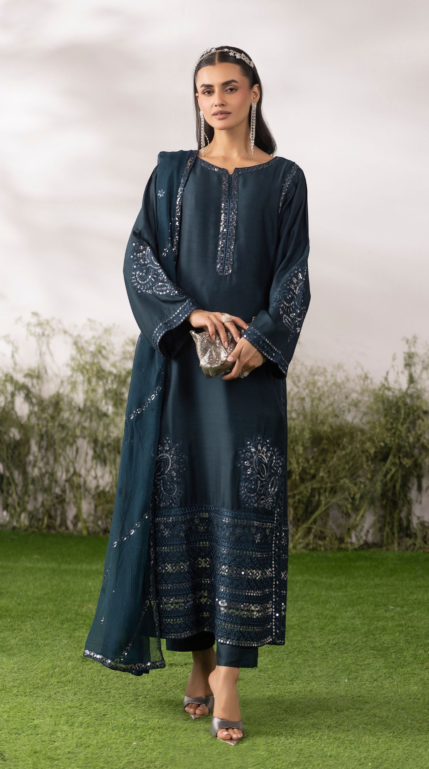 Green Viscose Sequin Embroidered Kurta Palazzo Set