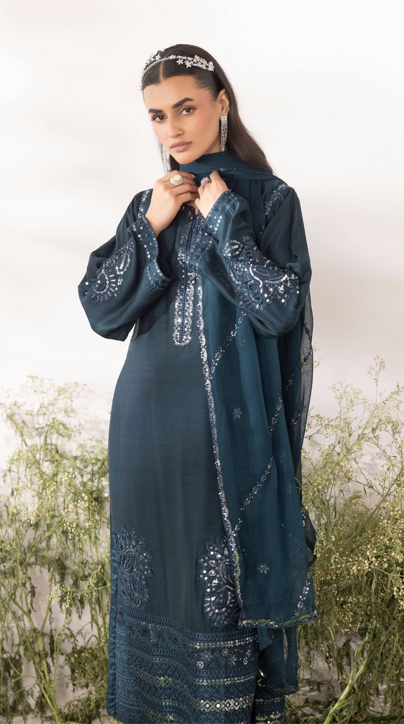 Green Viscose Sequin Embroidered Kurta Palazzo Set