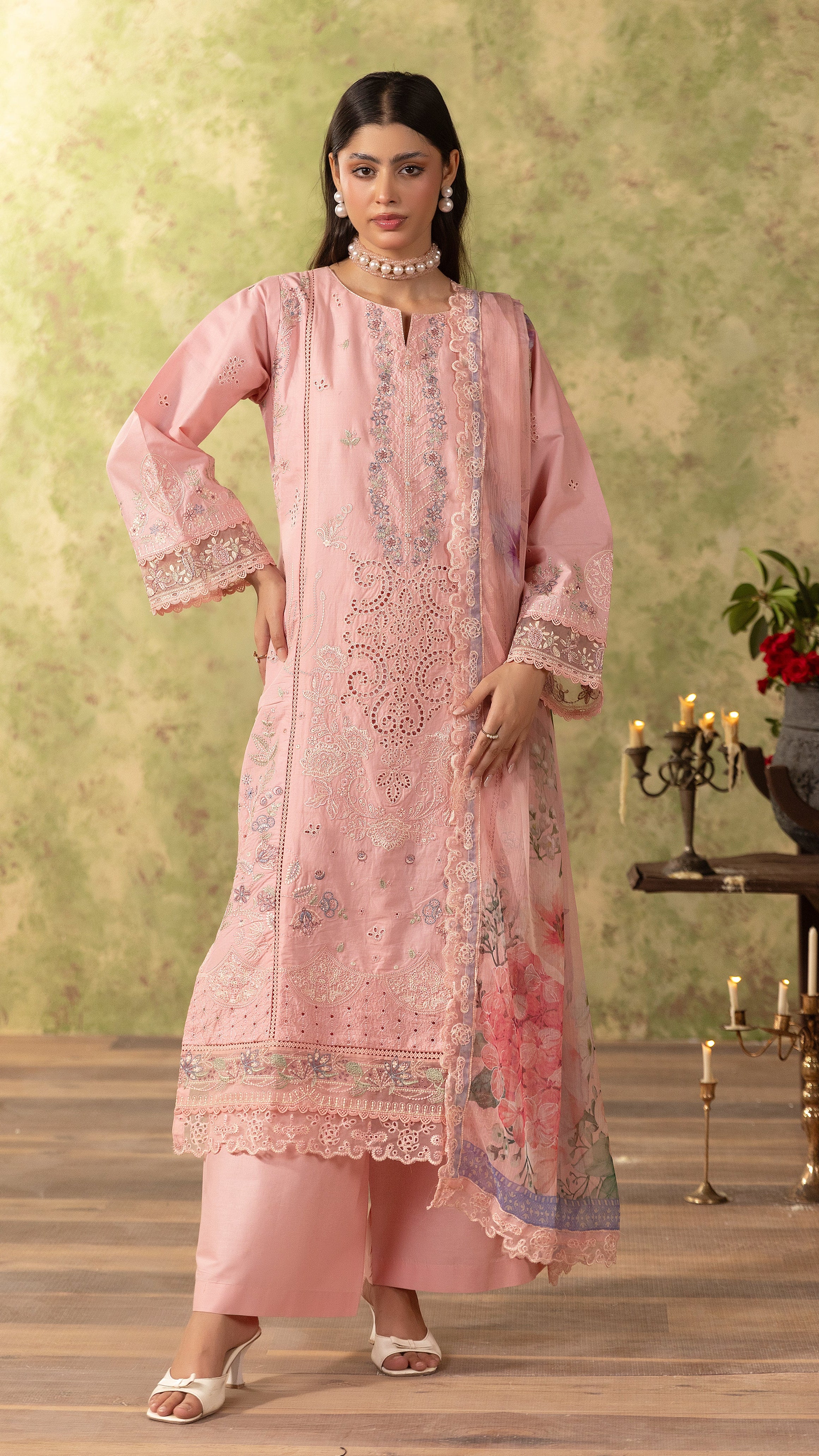 Blush pink women’s embroidered salwar kameez suit with matching wide-leg trousers and floral printed dupatta, elegant Asian ethnic wear by Diya Online