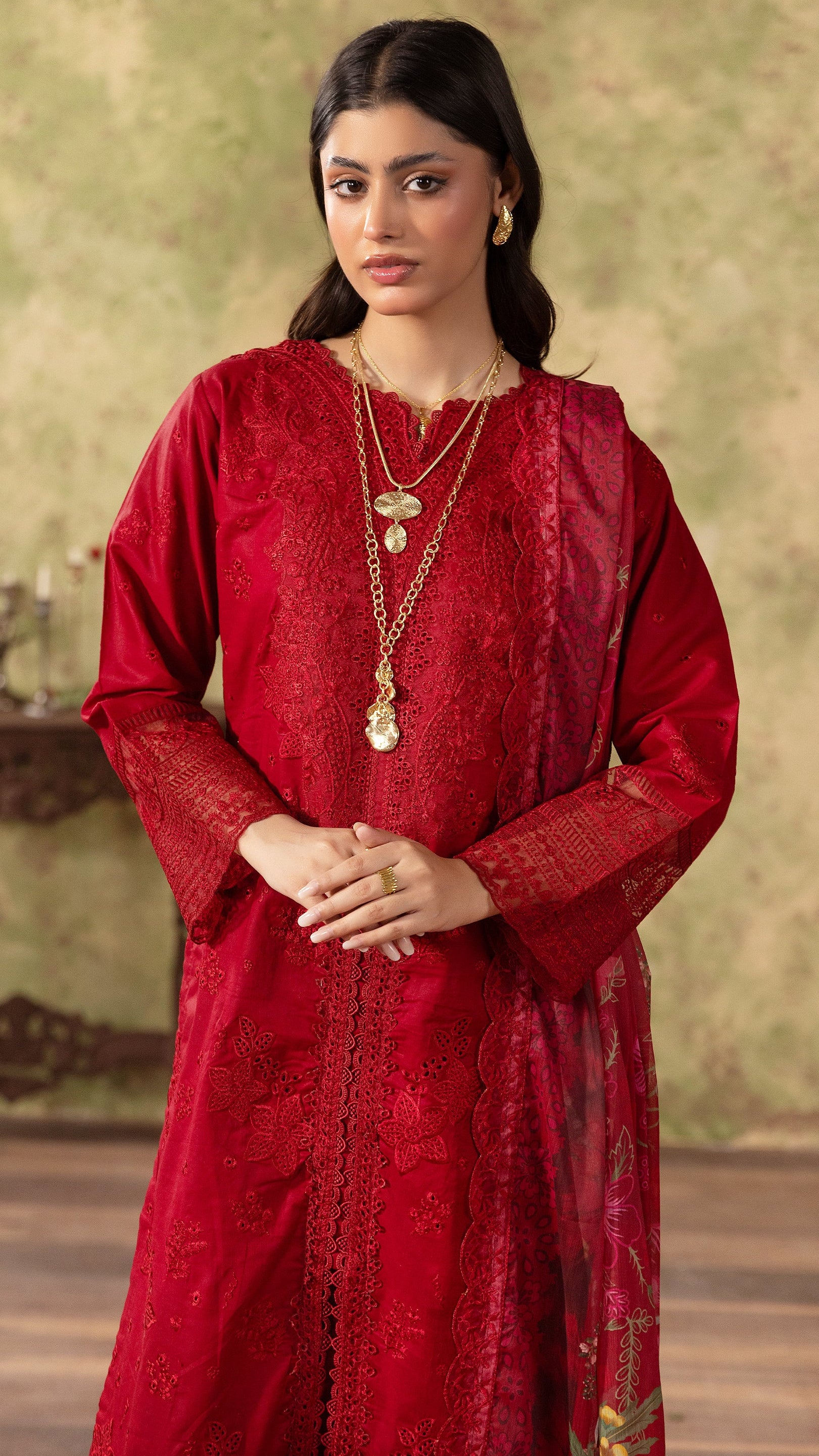 Deep red women’s embroidered salwar kameez suit with matching trousers and floral printed dupatta, elegant Asian ethnic wear by Diya Online