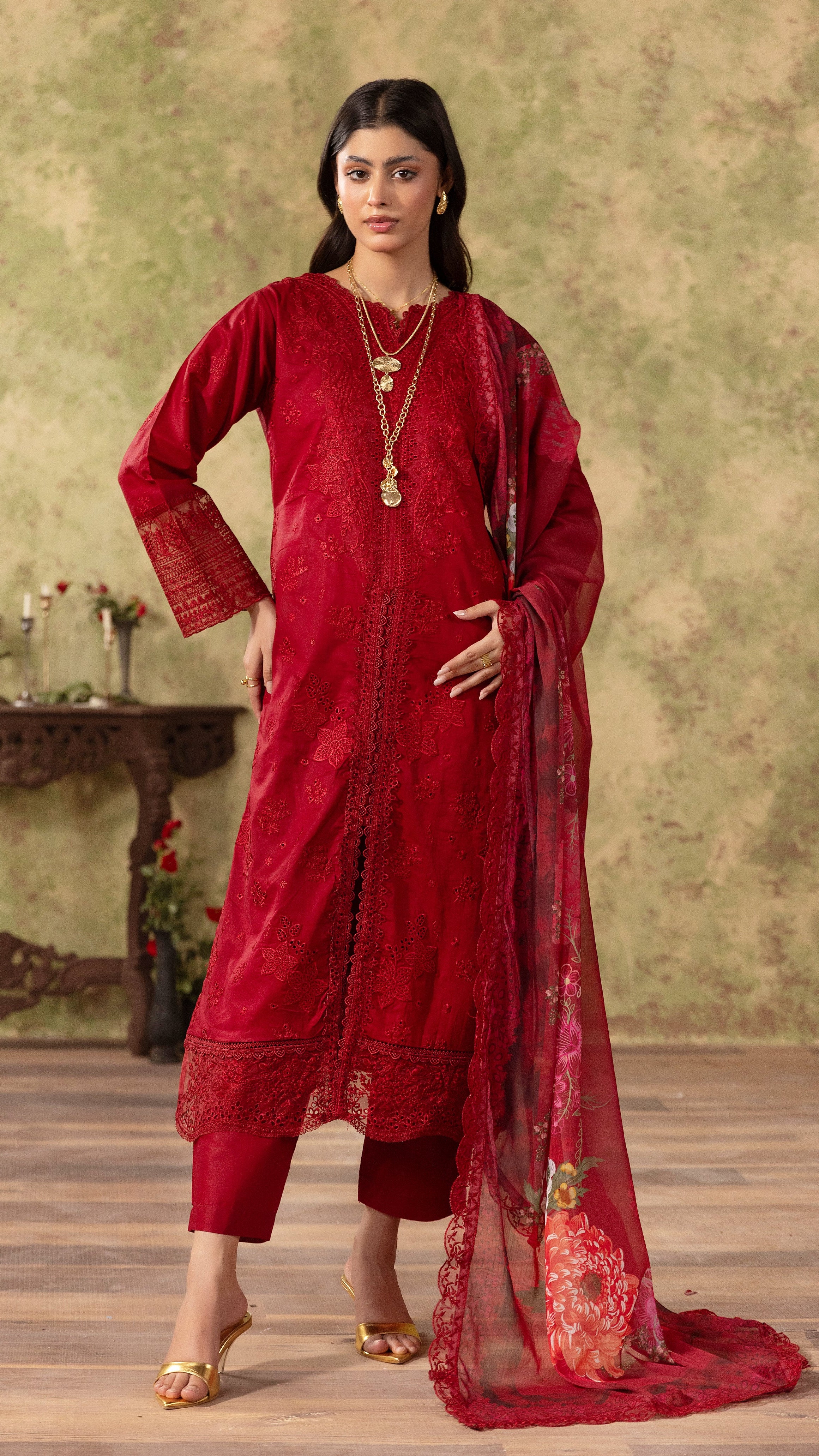 Deep red women’s embroidered salwar kameez suit with matching trousers and floral printed dupatta, elegant Asian ethnic wear by Diya Online