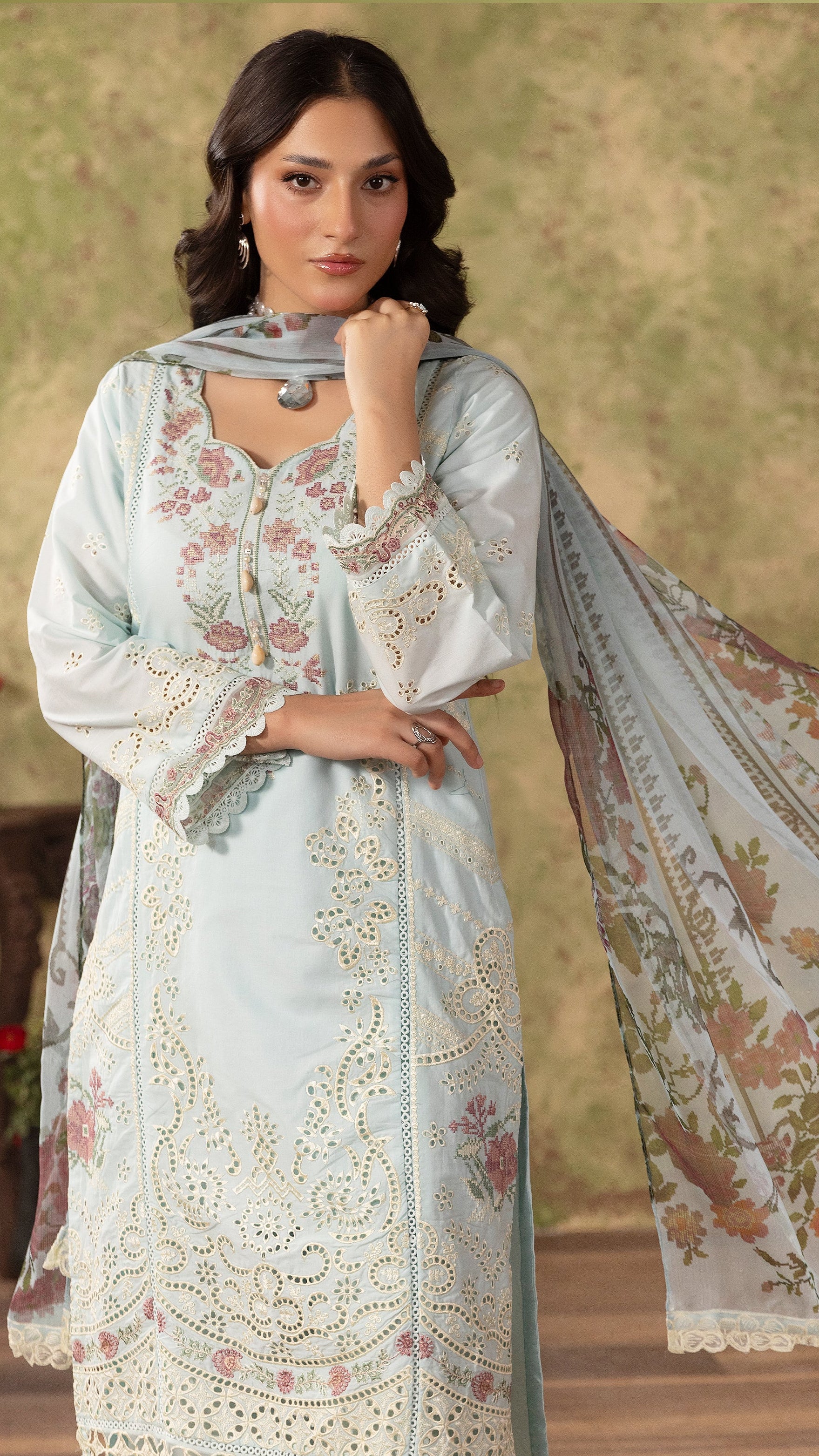 Powder blue women’s embroidered salwar kameez suit with matching trousers and floral printed dupatta, elegant Asian ethnic wear by Diya Online