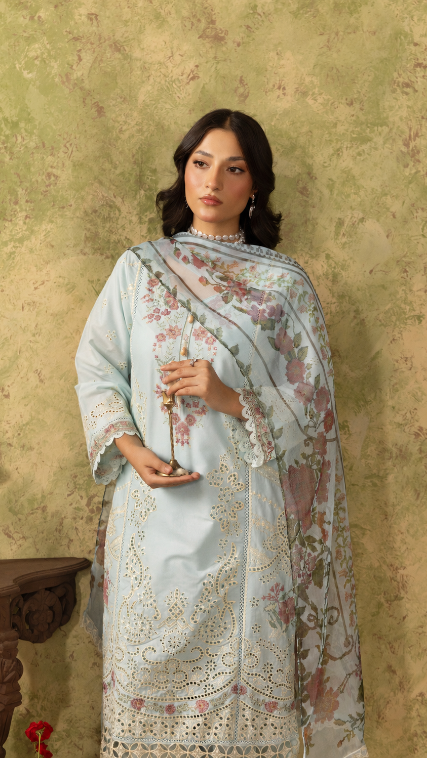 Powder blue women’s embroidered salwar kameez suit with matching trousers and floral printed dupatta, elegant Asian ethnic wear by Diya Online