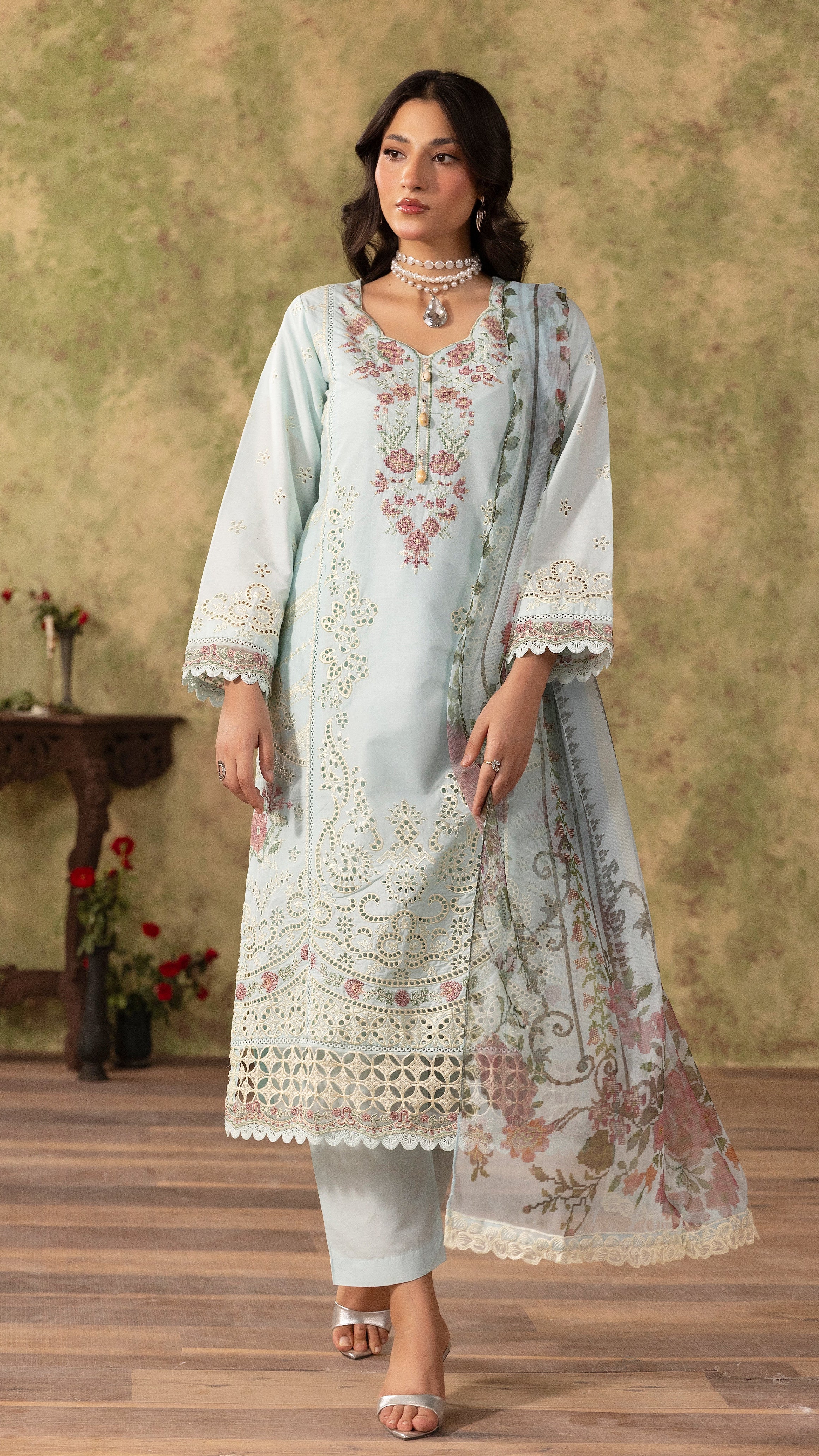 Powder blue women’s embroidered salwar kameez suit with matching trousers and floral printed dupatta, elegant Asian ethnic wear by Diya Online