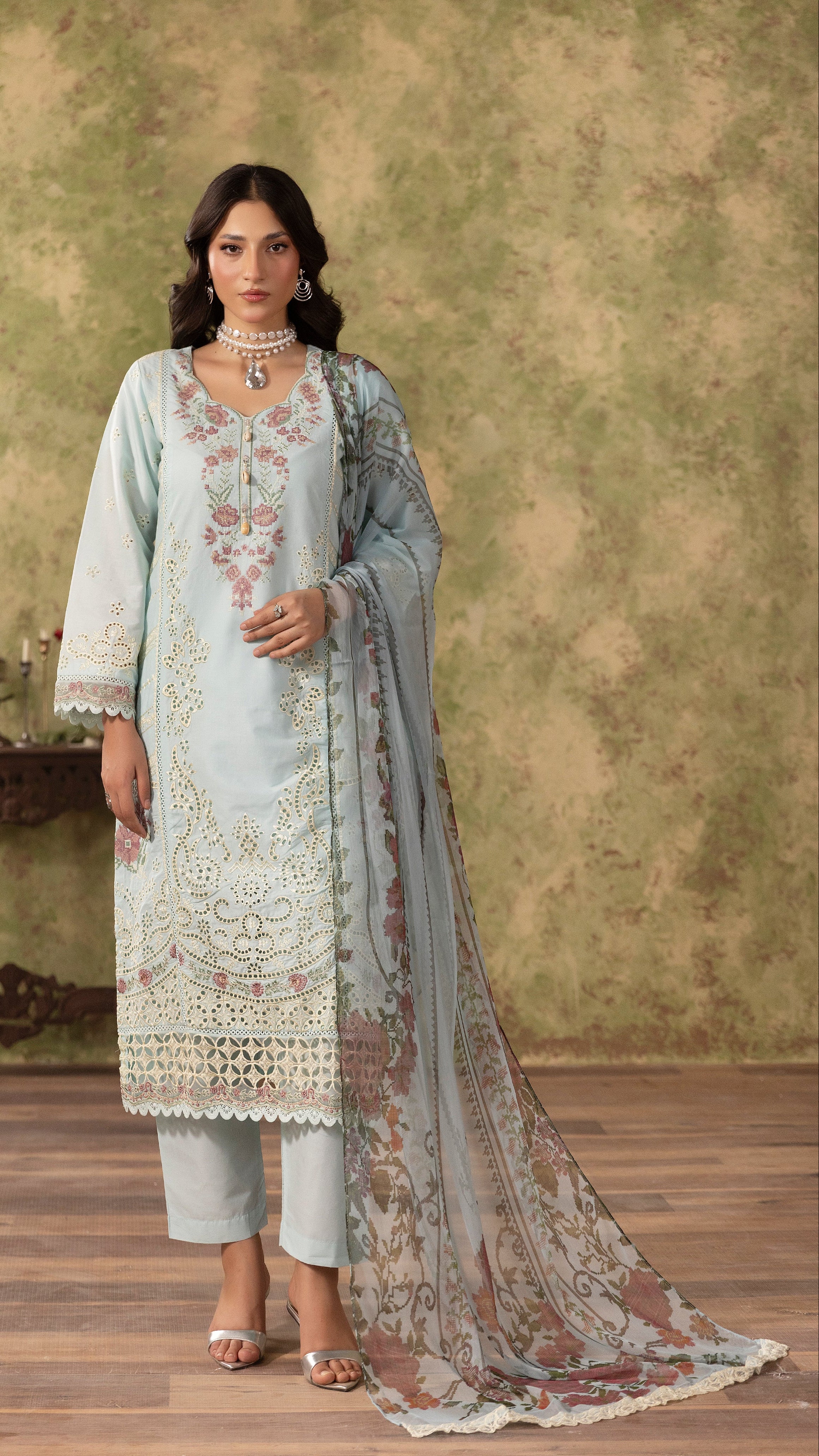 Powder blue women’s embroidered salwar kameez suit with matching trousers and floral printed dupatta, elegant Asian ethnic wear by Diya Online