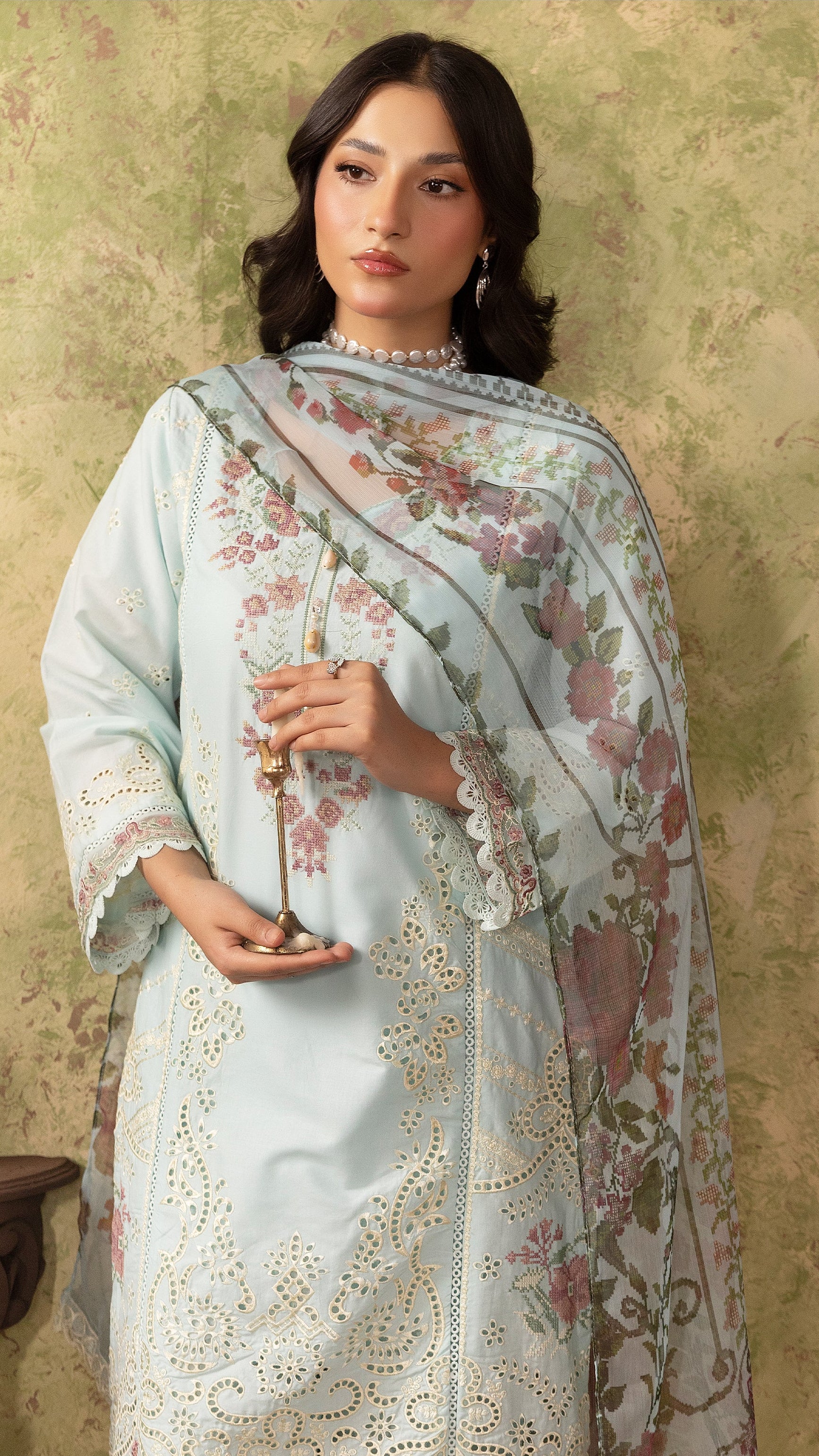 Powder blue women’s embroidered salwar kameez suit with matching trousers and floral printed dupatta, elegant Asian ethnic wear by Diya Online
