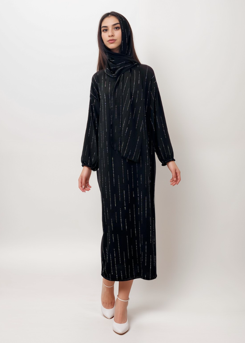 Black Full-Length Hijab Dress With Attached Scarf