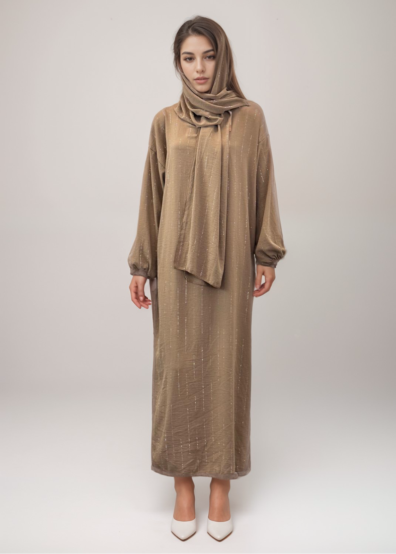 Beige Full-Length Hijab Dress With Attached Scarf