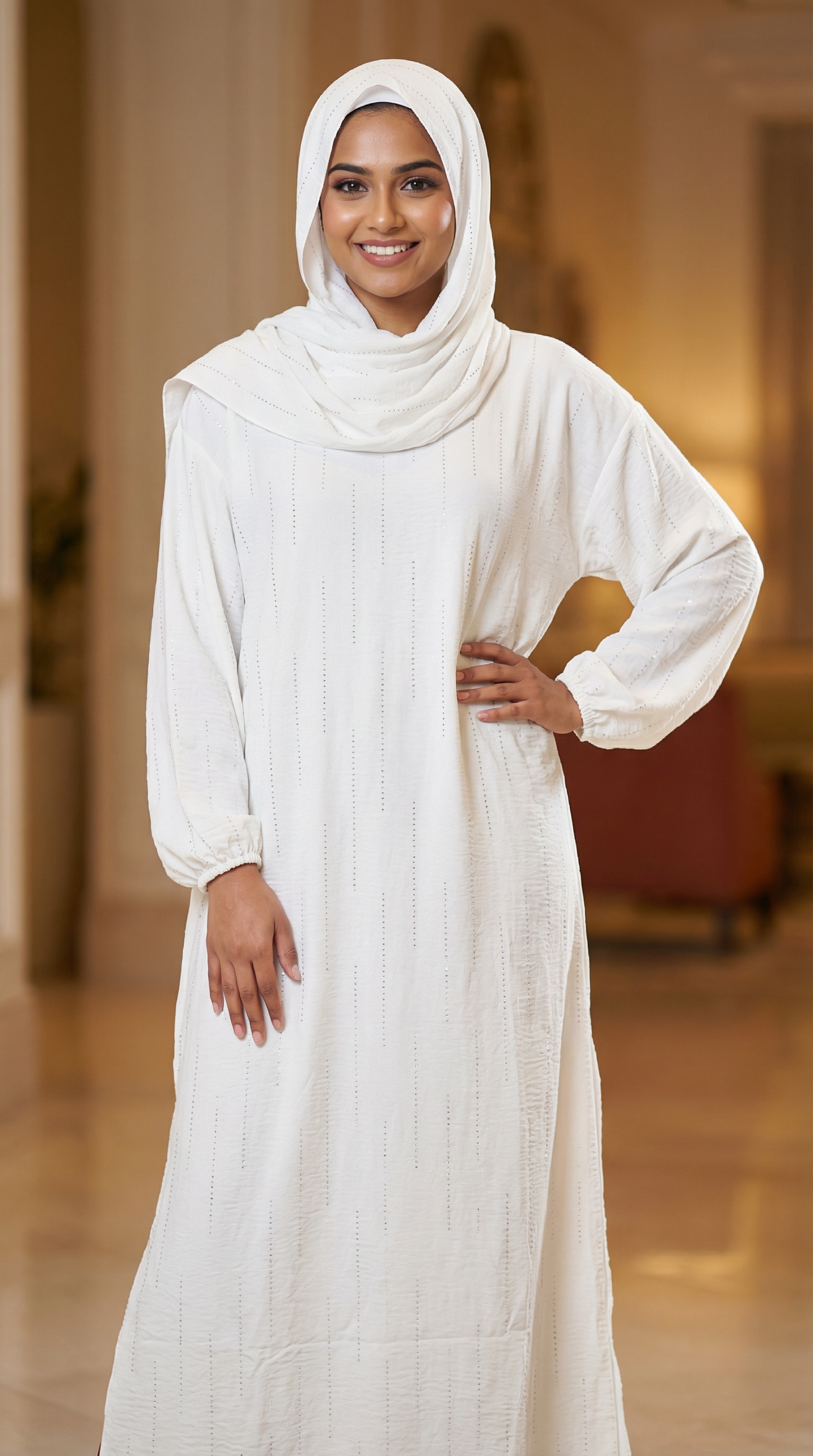 White Full-Length Hijab Dress With Attached Scarf