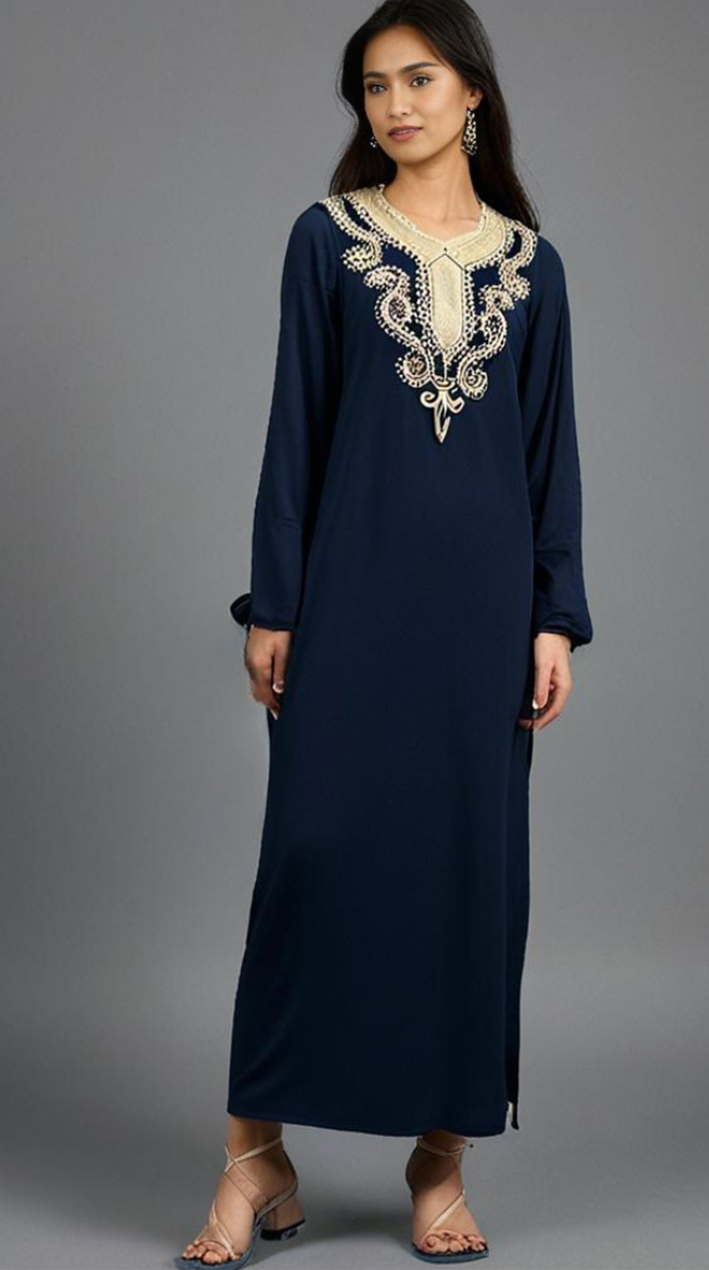 Black  Cotton Maxi Dress Embroidered Neckline