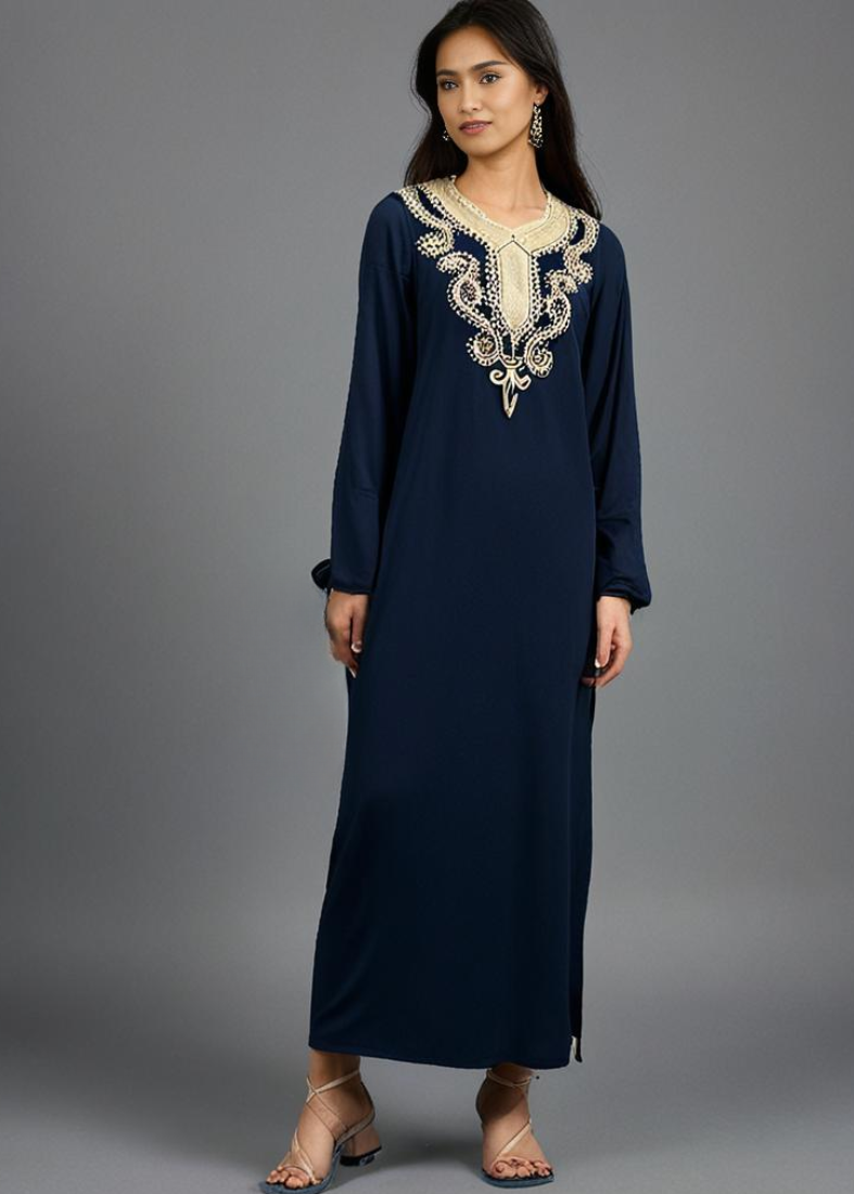 Black  Cotton Maxi Dress Embroidered Neckline