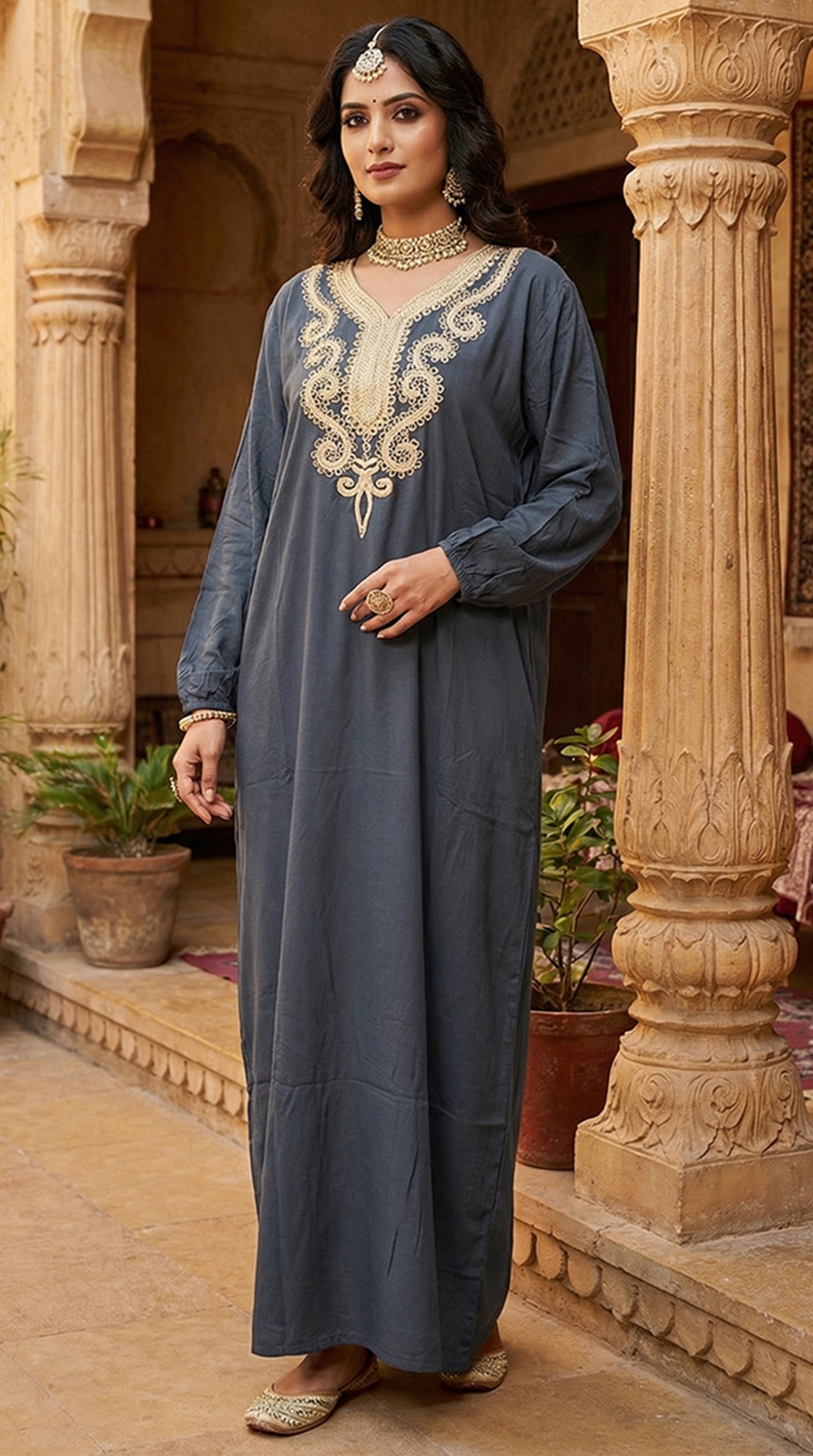 Grey  Cotton Maxi Dress Embroidered Neckline