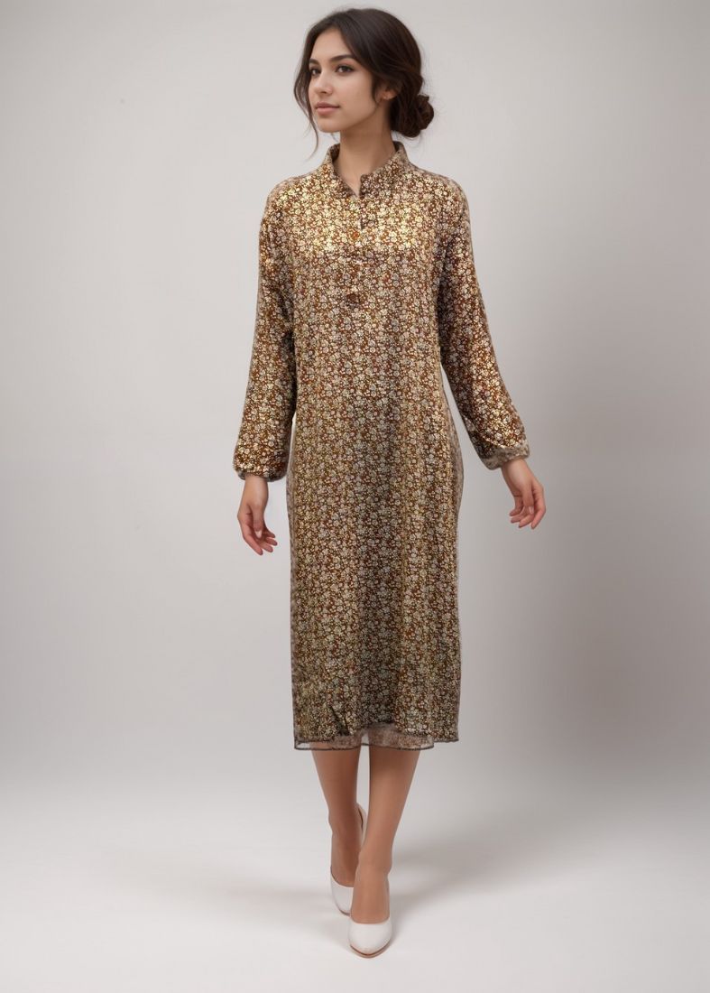 Brown  Shirt Style Printed Dress