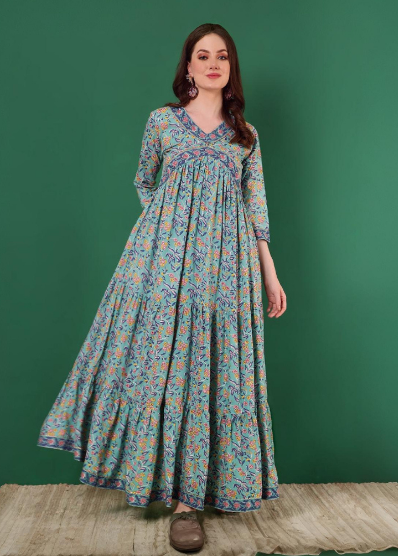 Blue Cotton Flared Printed Dress