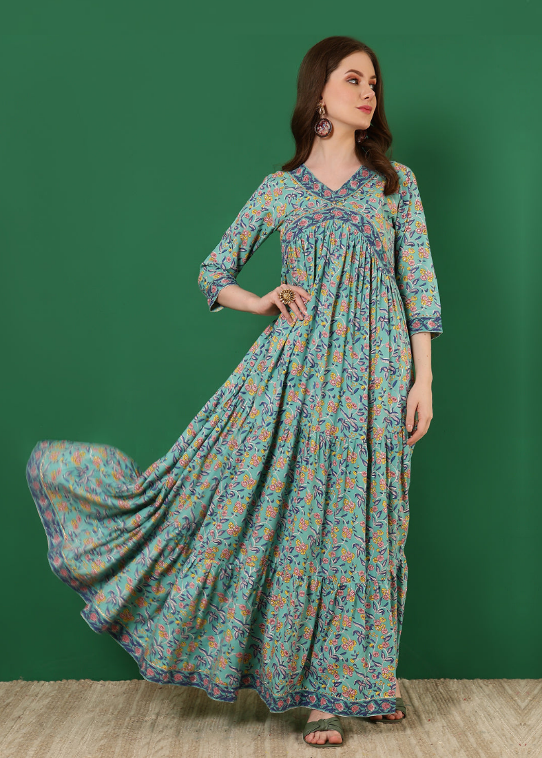 Blue Cotton Flared Printed Dress