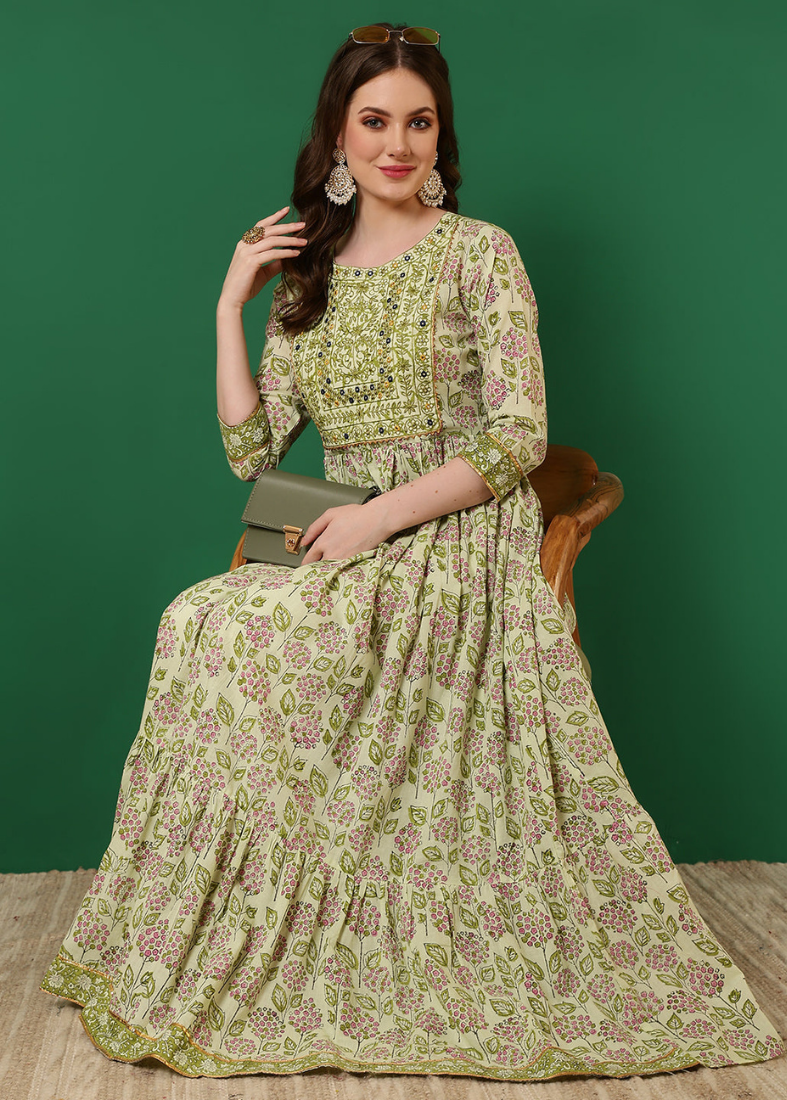 Green Cotton Bias Cut Printed Dress